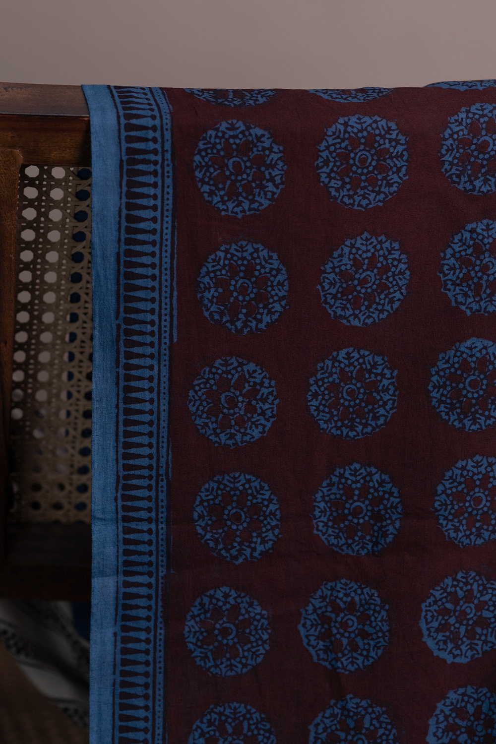 Rustic Brown With Blue Medallion Bagh Cotton Fabric - 0.65m