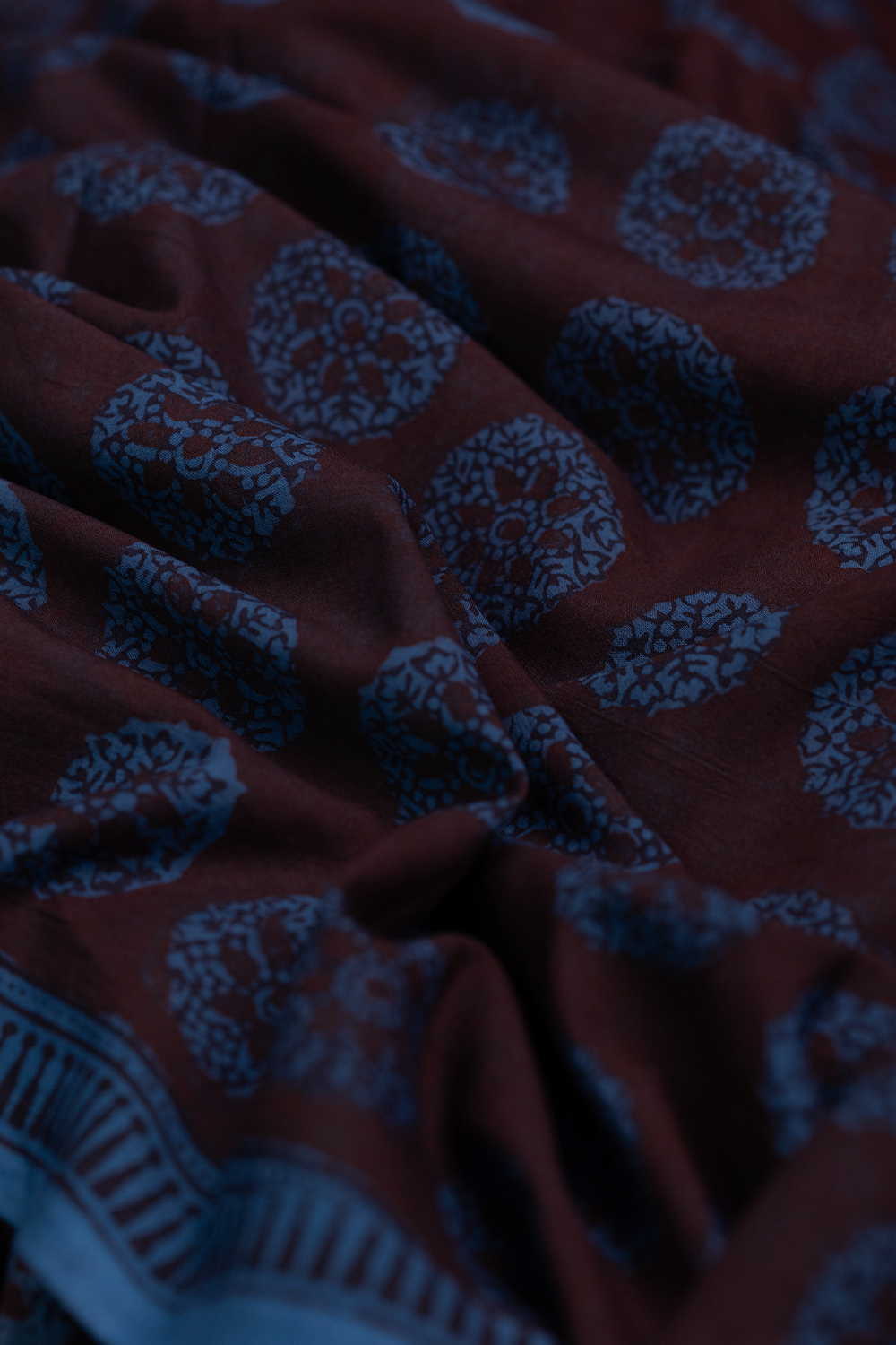 Rustic Brown With Blue Medallion Bagh Cotton Fabric - 0.65m - Image 2