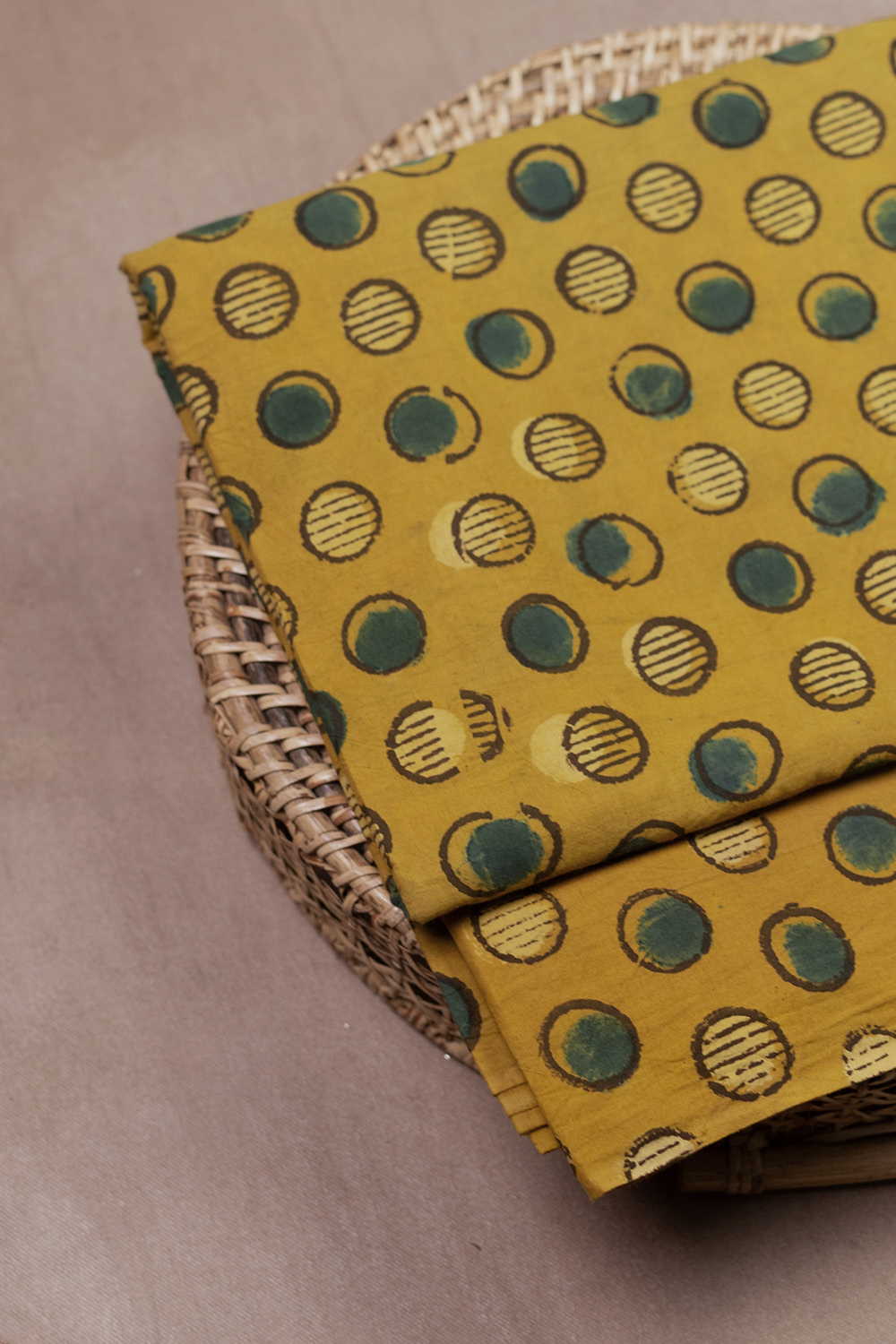 Polka Circles on Yellow Ajrak Cotton Fabric-1.4 m