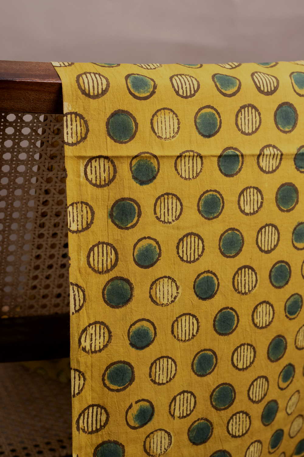 Polka Circles on Yellow Ajrak Cotton Fabric-1.4 m - Image 3