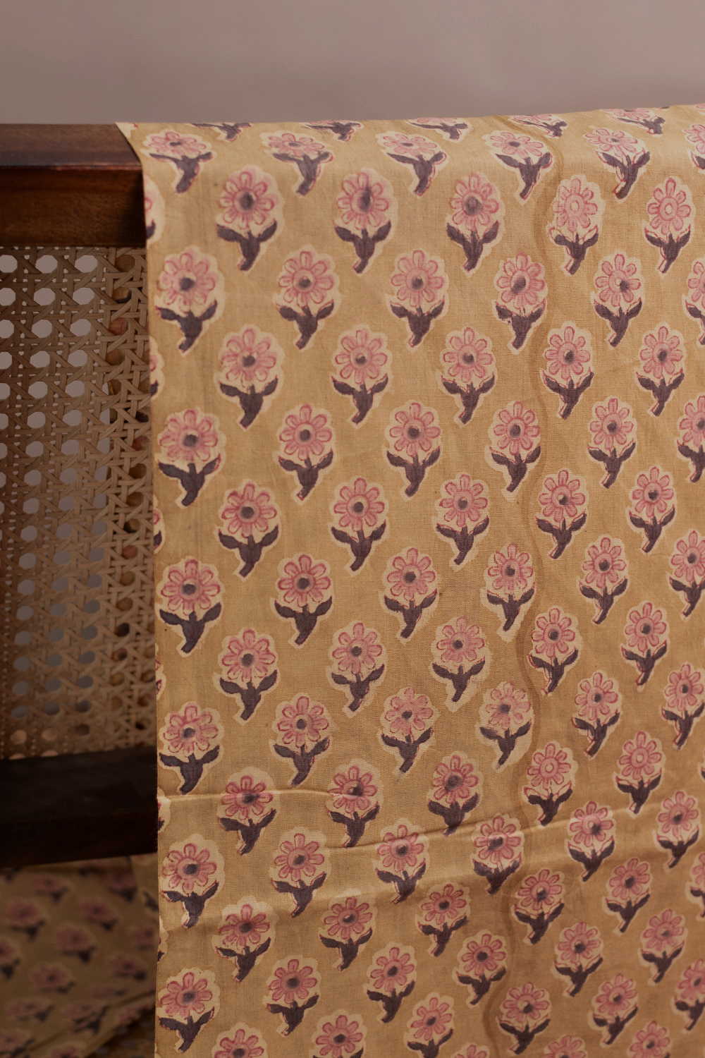 Rustic Bloom - Beige Sanganeri Cotton Fabric - 1.9m