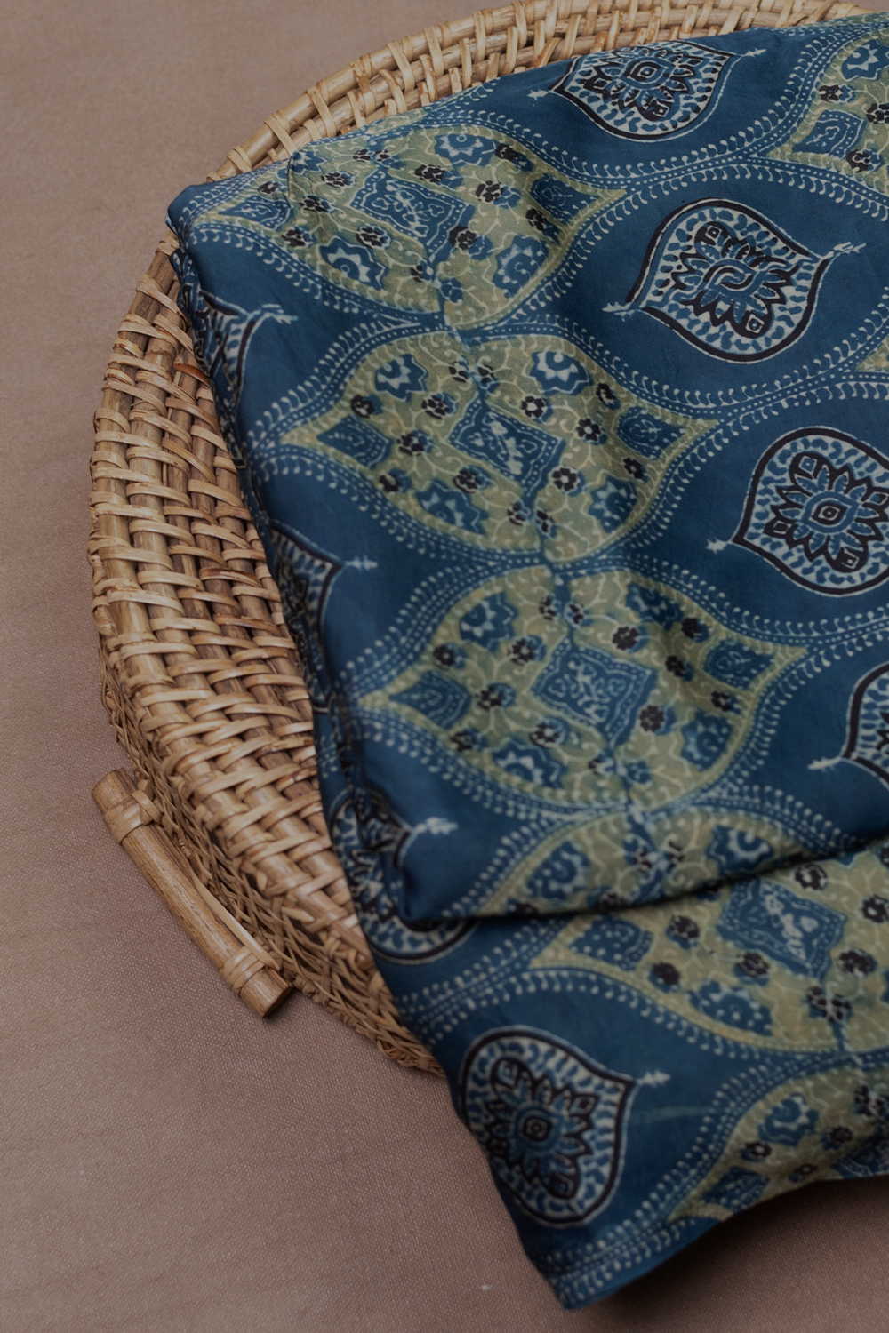 Green with Indigo Ajrak Modal Silk Fabric - 0.65m