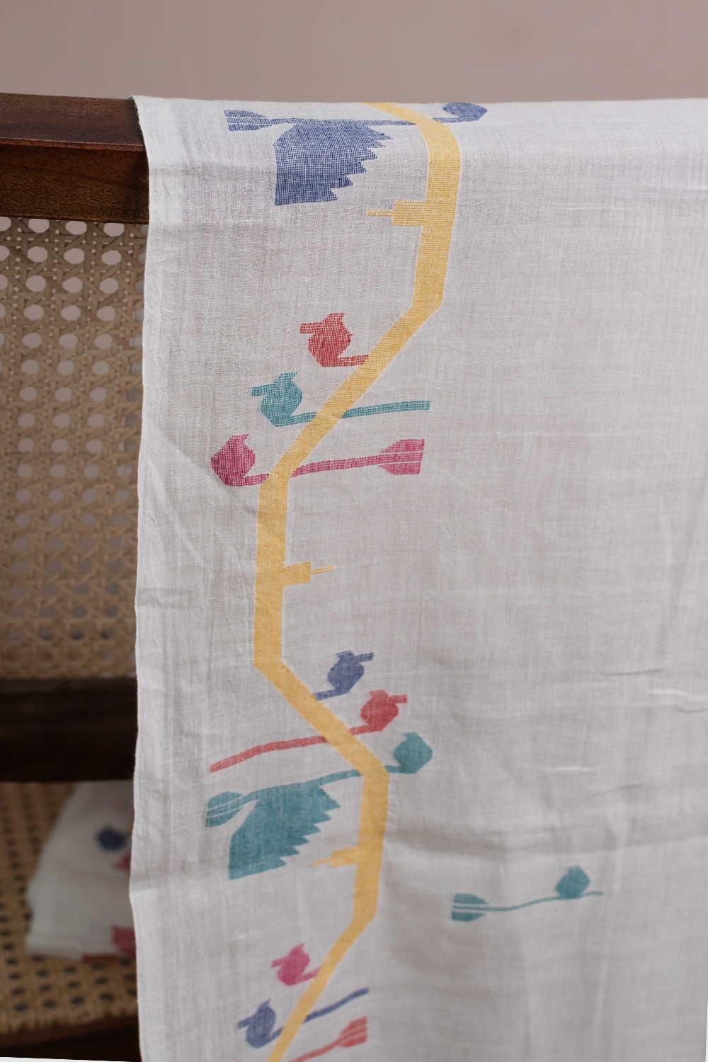 Off-White with Border Jamdani Cotton Fabric - 1m - Image 3