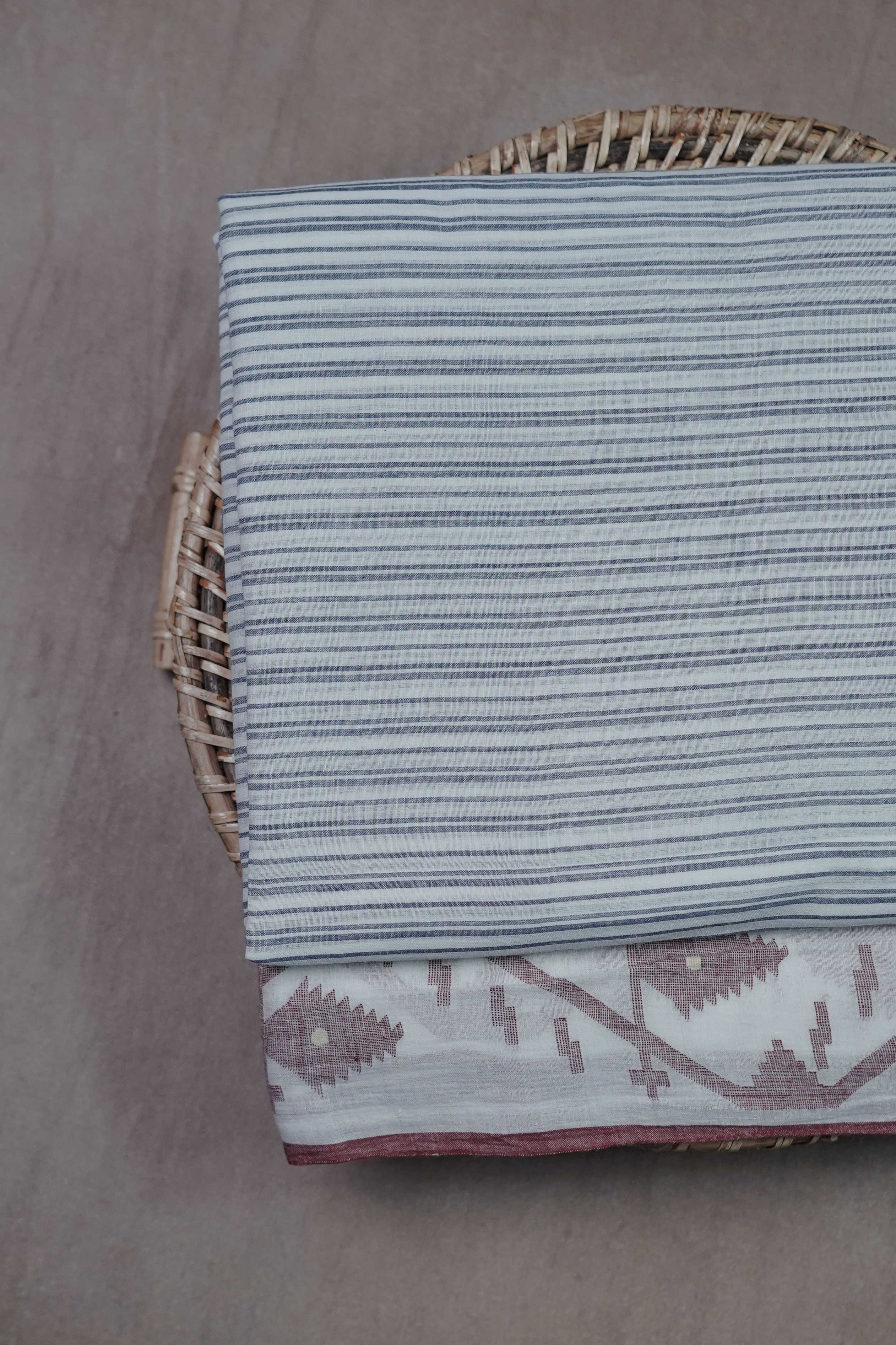 Cream with Stripe Jamdani Cotton Border Fabric - 1.75m