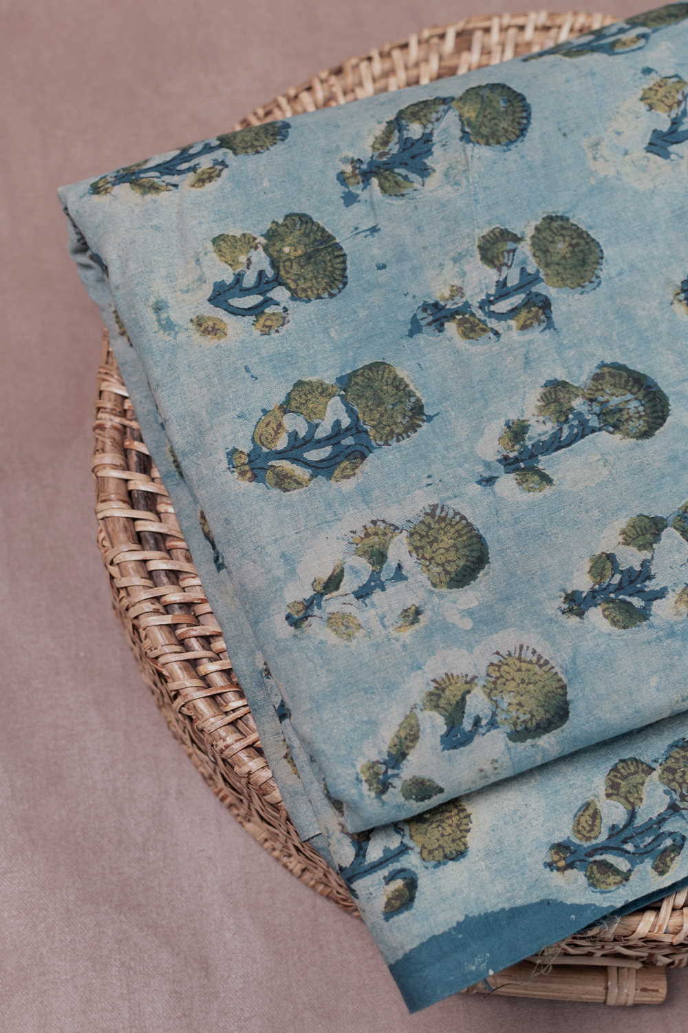 Florals on Faded Blue Block Printed Cotton Fabric - 0.5m