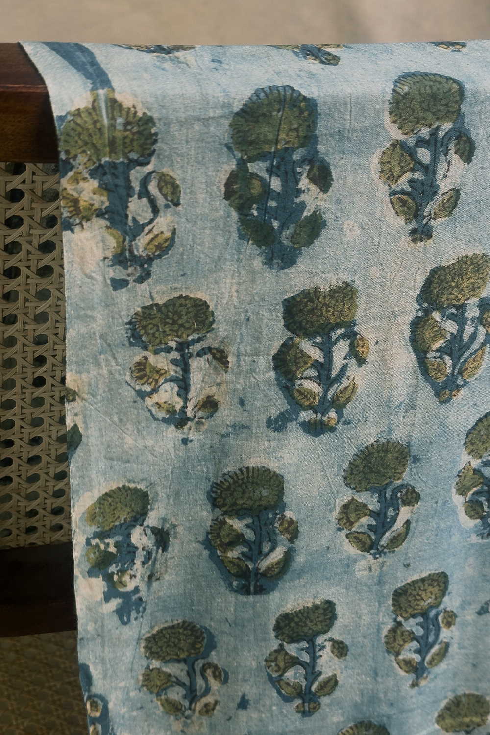 Florals on Faded Blue Block Printed Cotton Fabric - 0.5m - Image 2