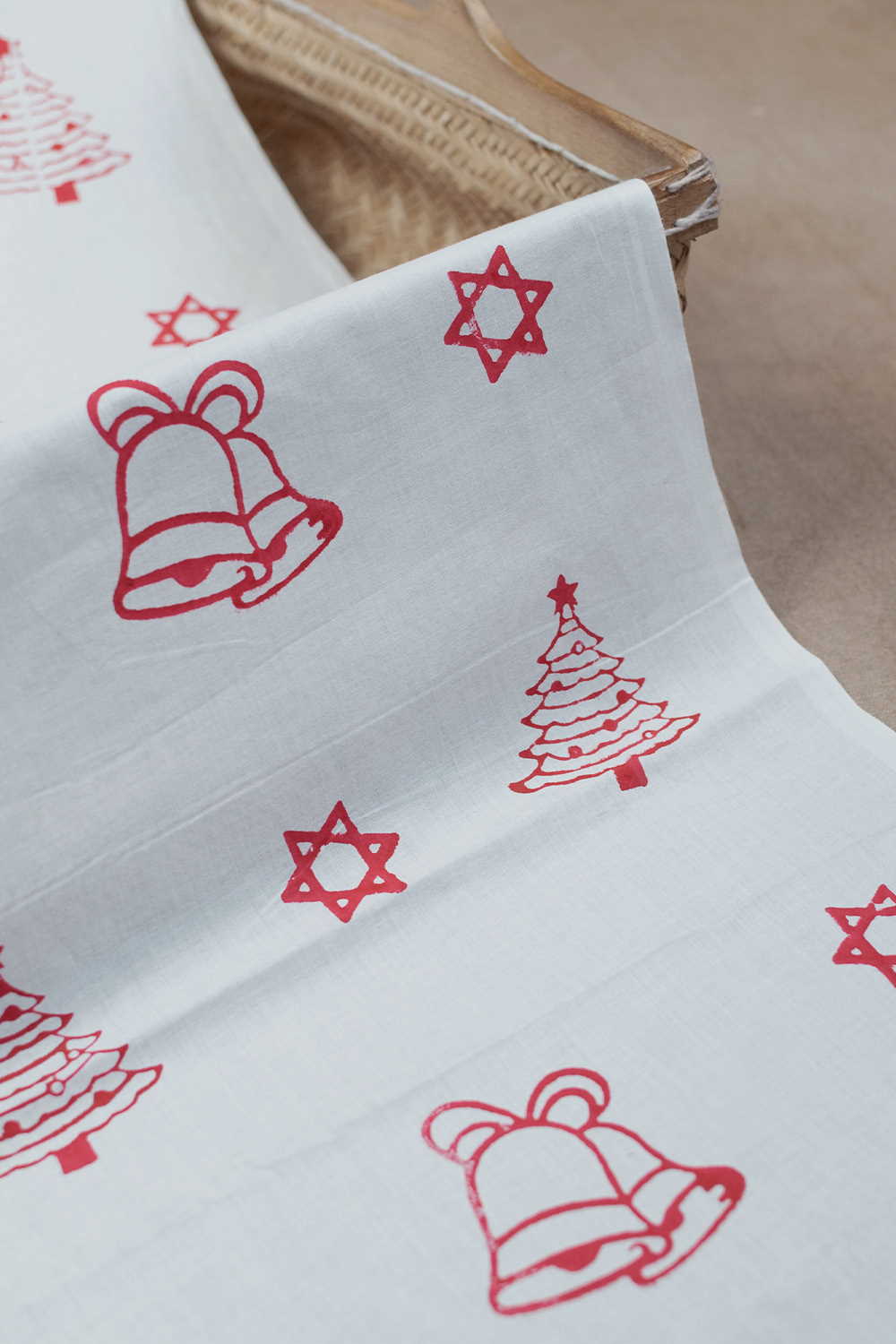 X-Mas Trees & Bells Block Printed Cotton Fabric - 1.8m