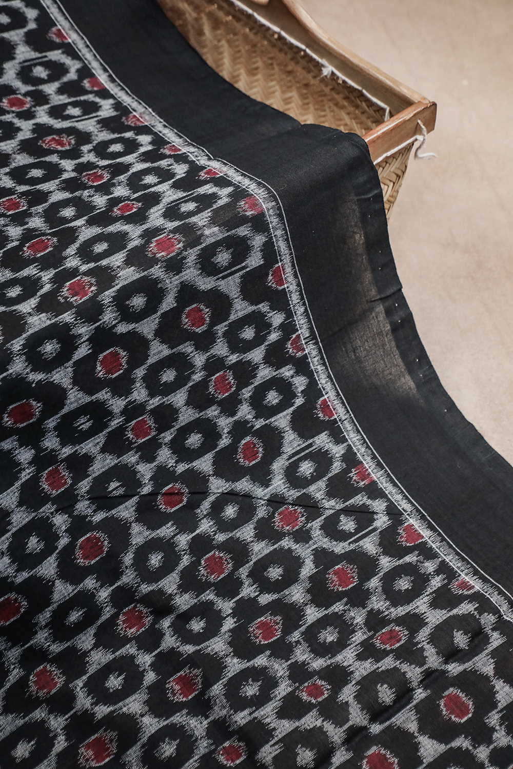 Grey Pattern on Black Orissa Ikat Cotton Fabric - 1.6m
