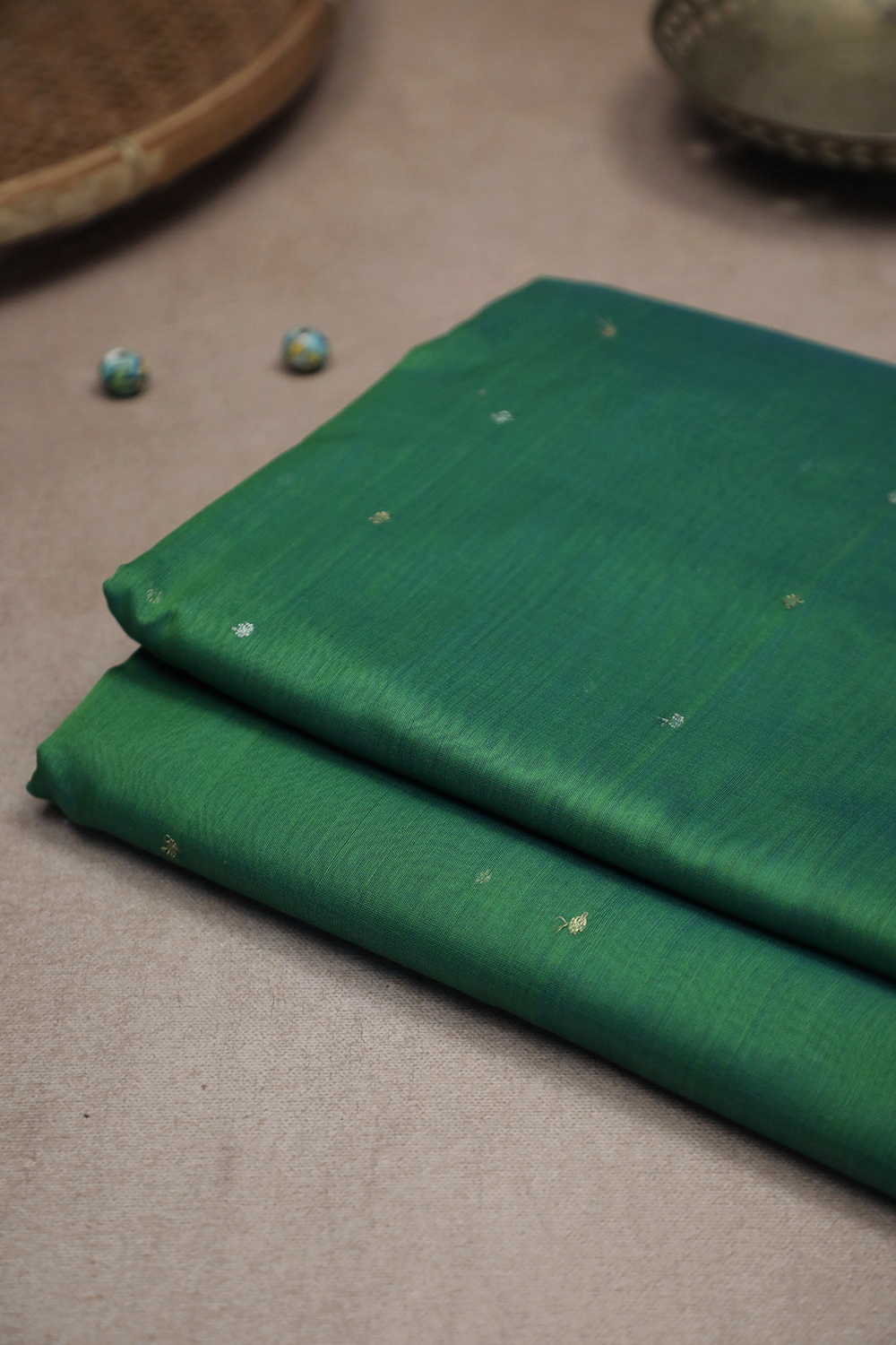 Dot Butta Dark Leaf Green Chanderi Silk Cotton Fabric - 2.3m