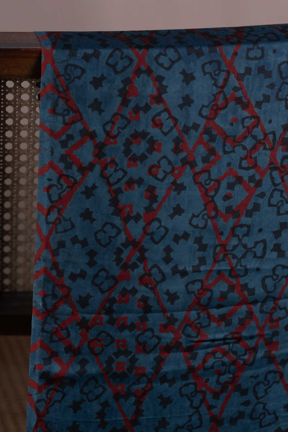Red Lines on Blue Ajrak Modal Silk Fabric - 0.7m