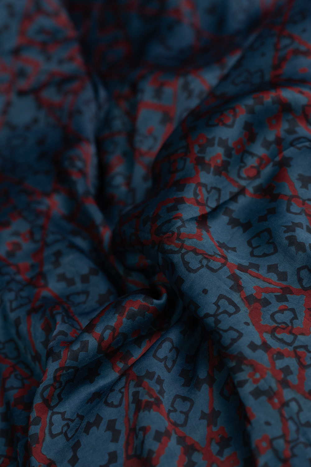 Red Lines on Blue Ajrak Modal Silk Fabric - 0.7m - Image 2