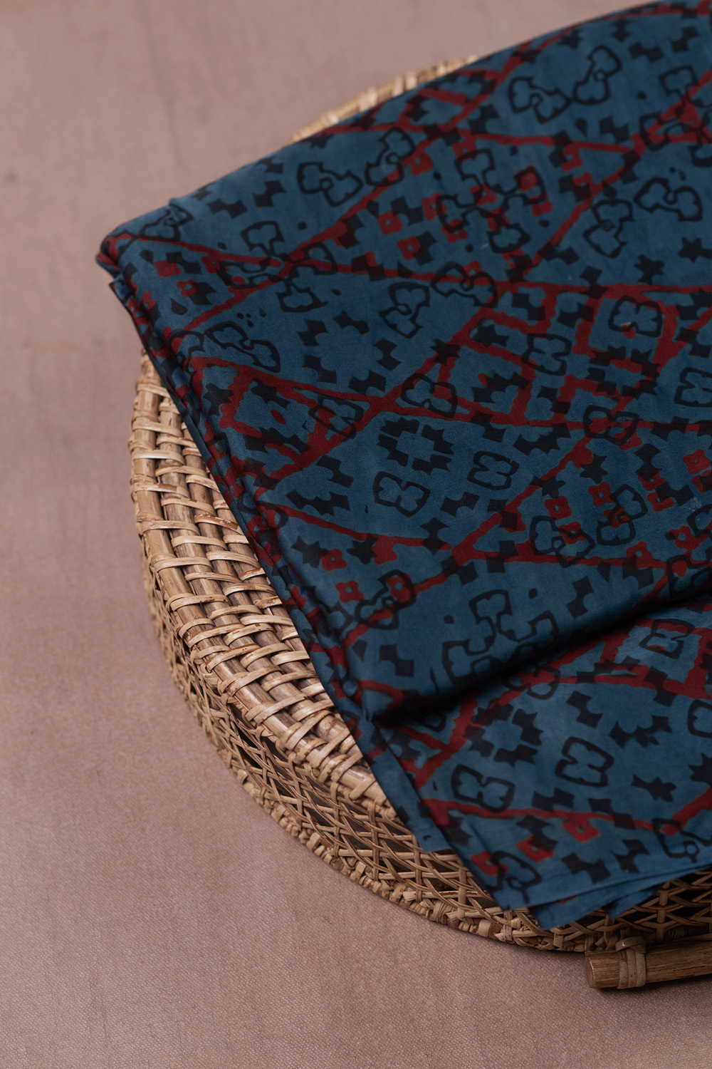 Red Lines on Blue Ajrak Modal Silk Fabric - 0.7m - Image 3