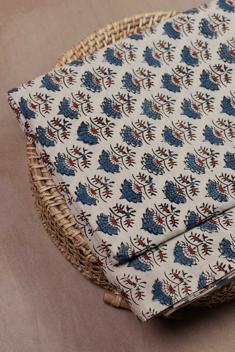 Indigo Butta Floral - Cream Ajrak Fabric - 0.5m