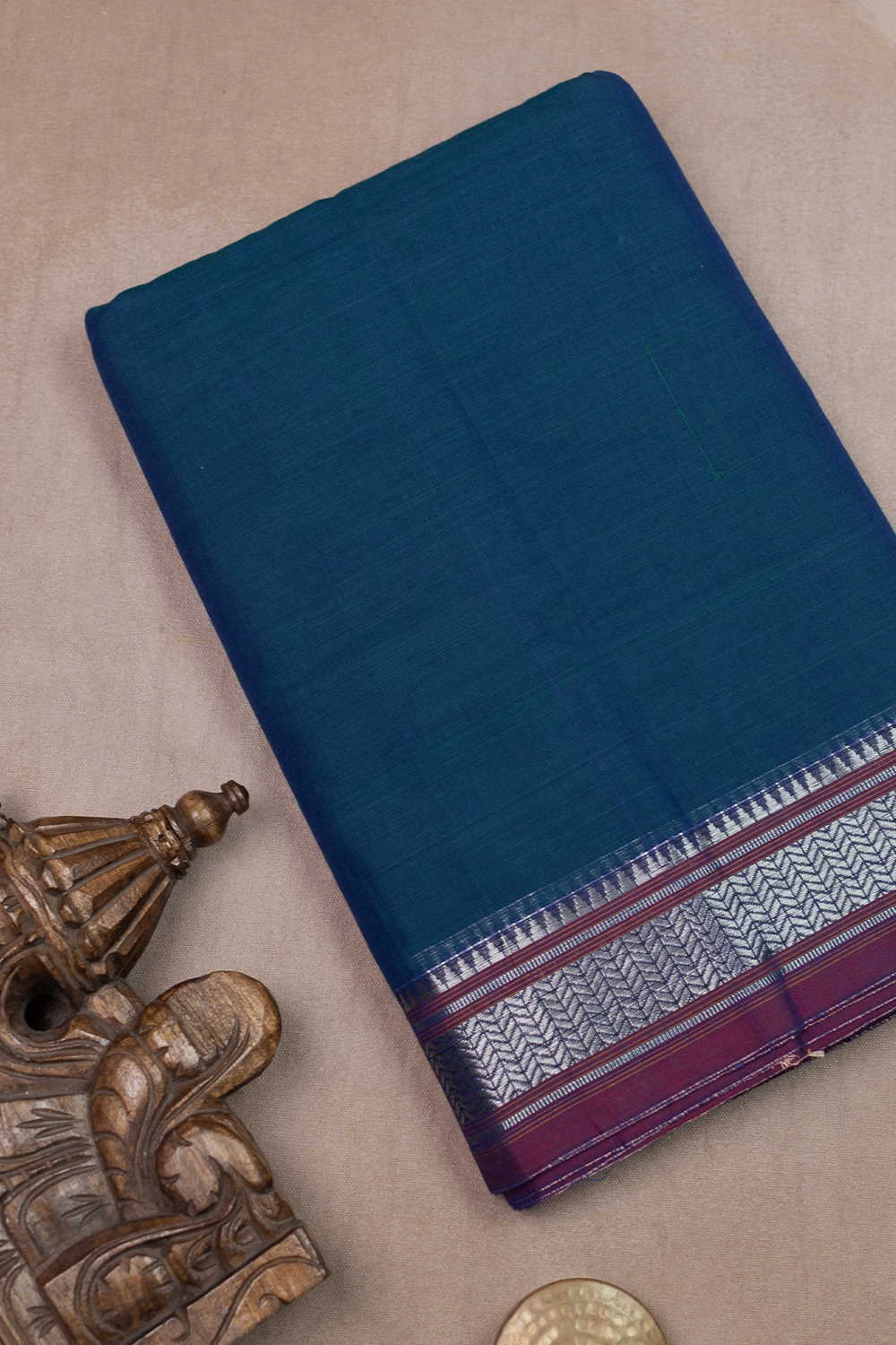 Silver Zari Border - Blue Narayanpet Cotton Fabric - 0.7m