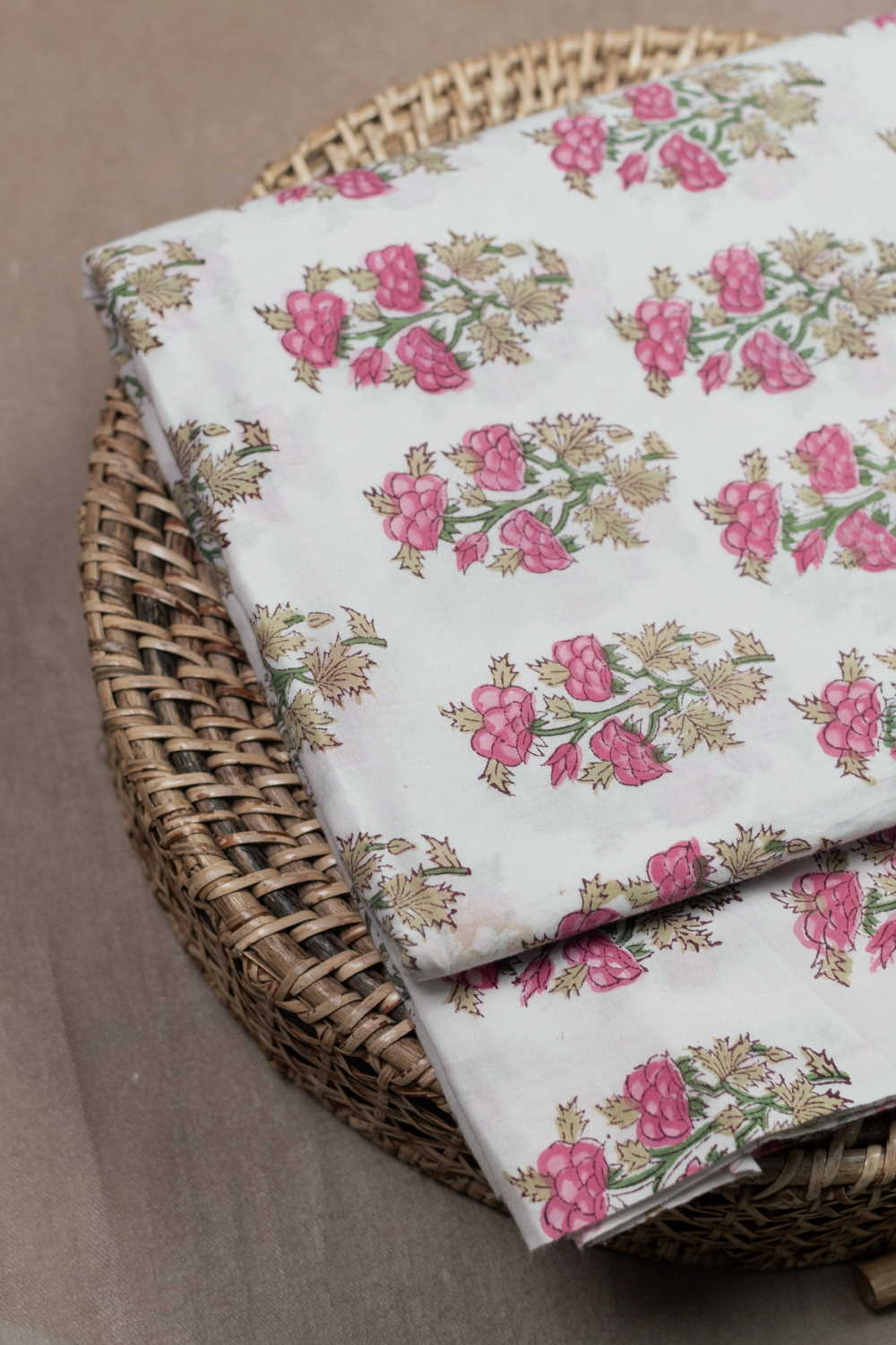 Pink Buttas on Cream Sanganeri Cotton Fabric - 0.85m