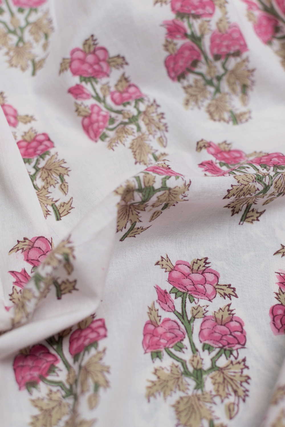 Pink Buttas on Cream Sanganeri Cotton Fabric - 0.85m - Image 2