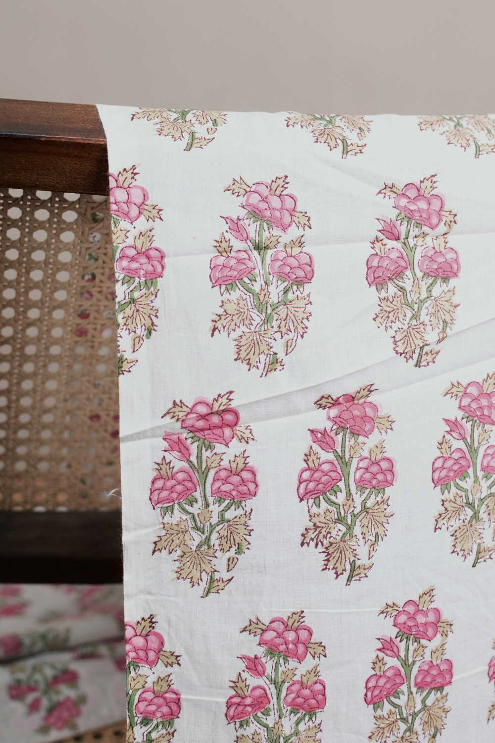 Pink Buttas on Cream Sanganeri Cotton Fabric - 0.85m - Image 3