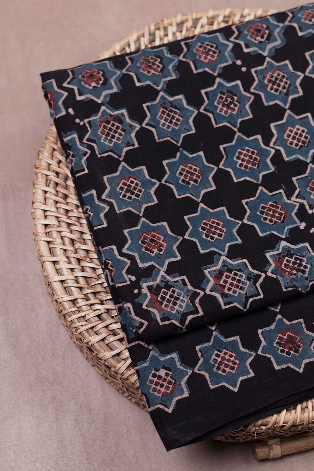 Star Pattern - Black Ajrak Cotton Fabric - 0.8m