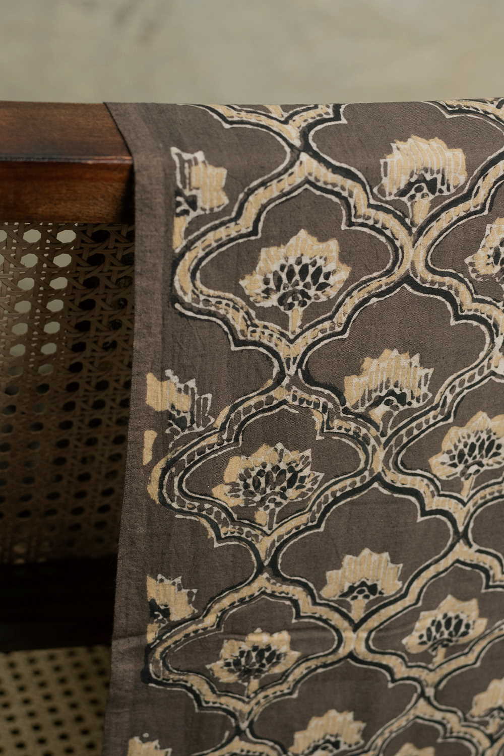Grey with Floral Pattern Ajrak Cotton Fabric - 2m