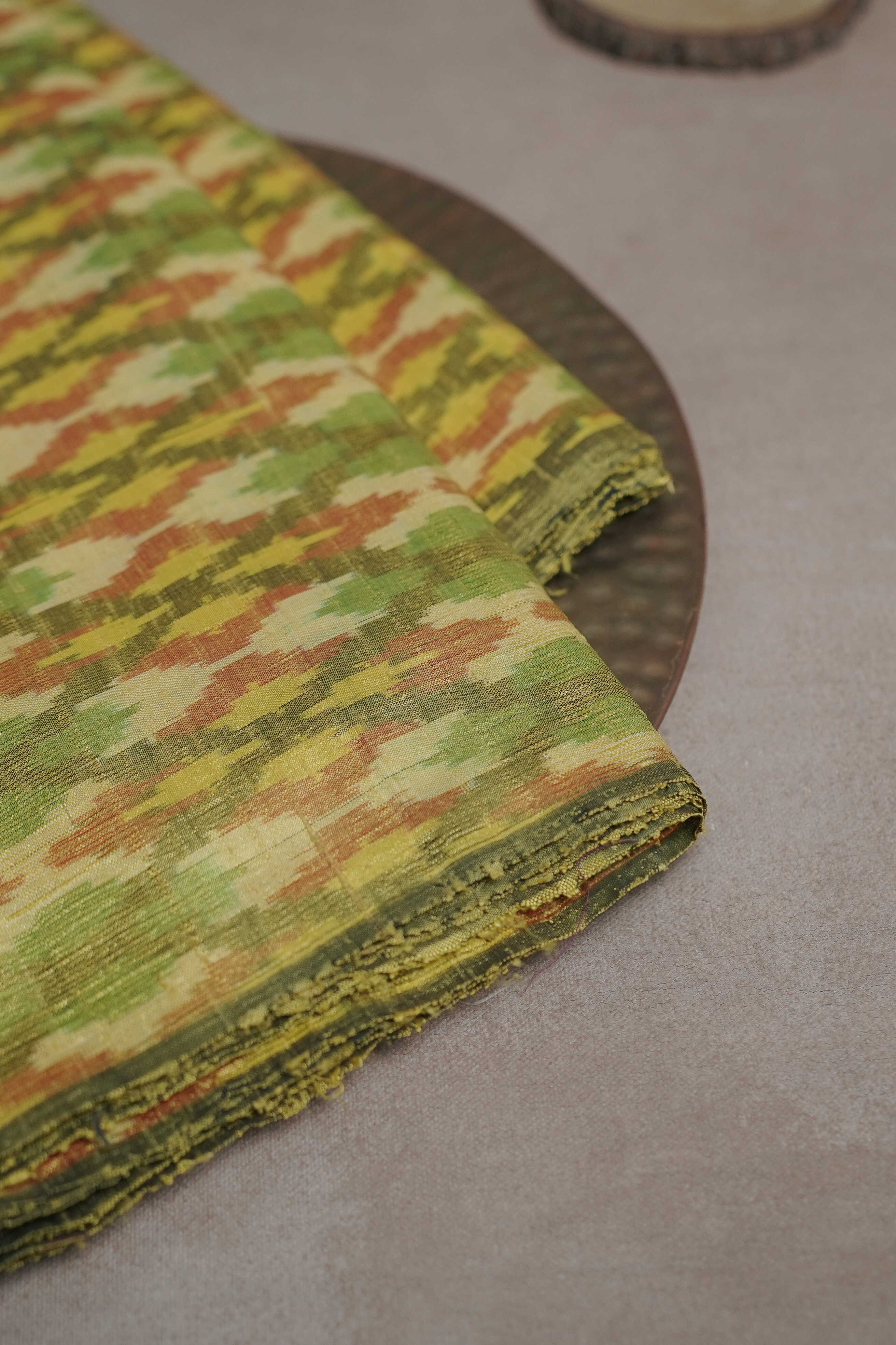 Shiny Green Ikat Raw Silk Fabric - 1.4m