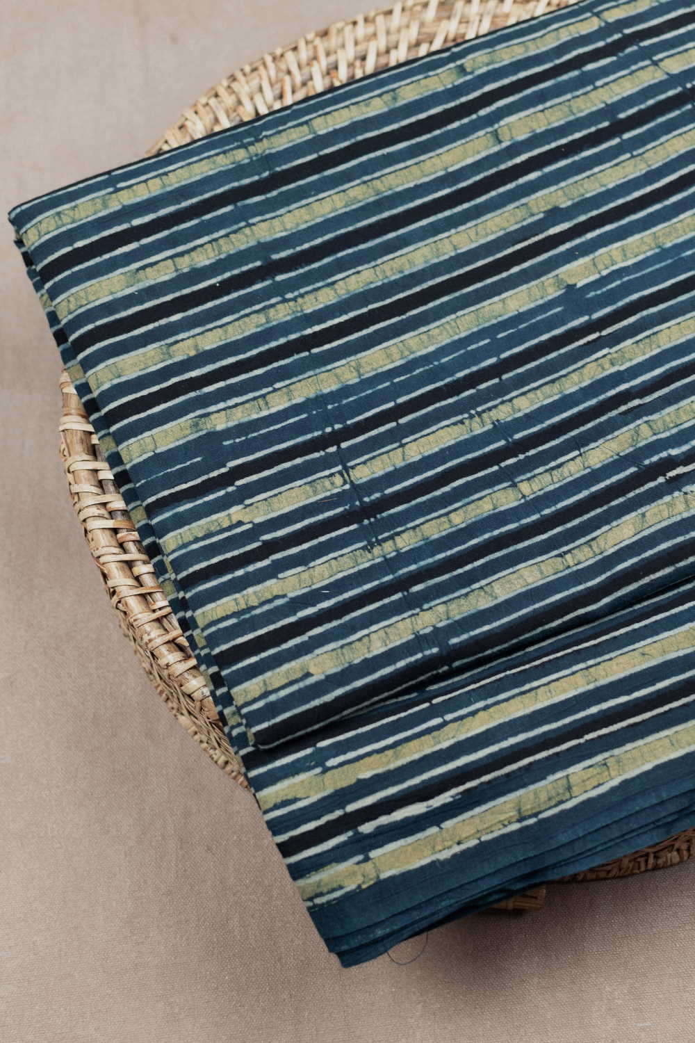 Indigo & Pastel Green Stripe Ajrak Cotton Fabric - 0.8m