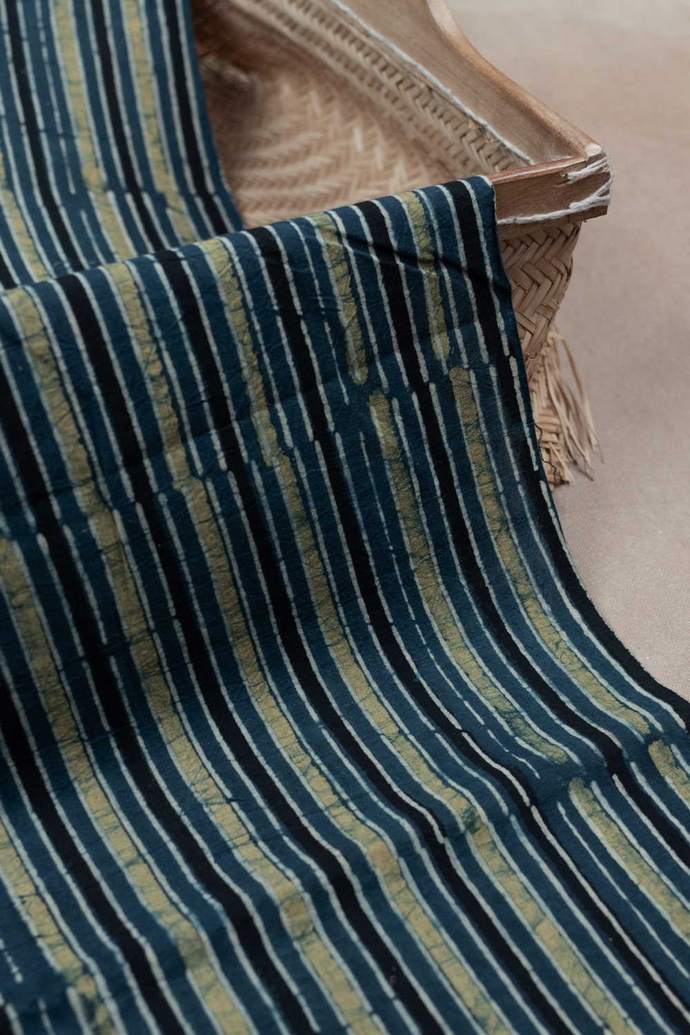 Indigo & Pastel Green Stripe Ajrak Cotton Fabric - 0.8m - Image 3