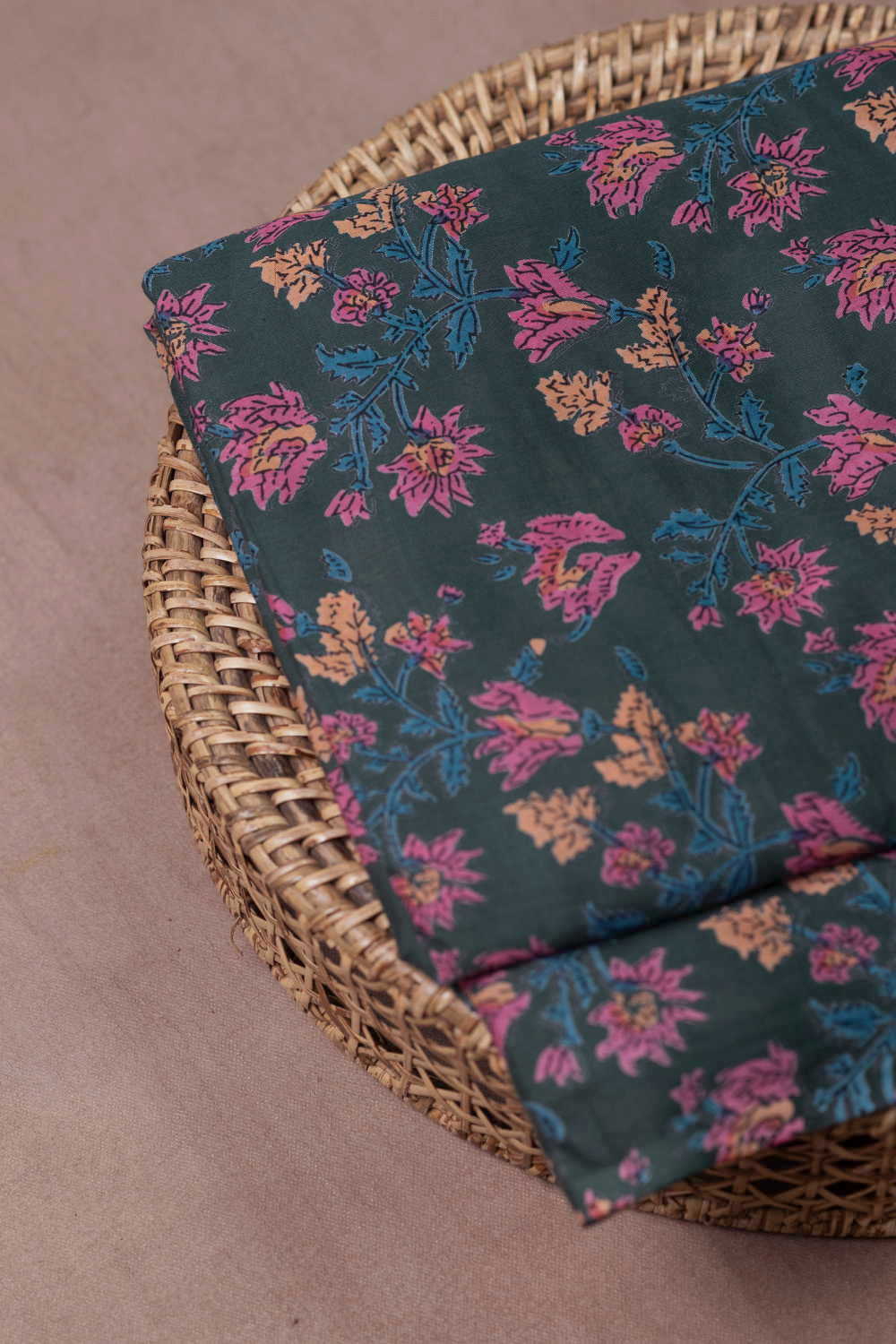 Pink Floral on Green Sanganeri Mul Cotton Fabric - 0.6m