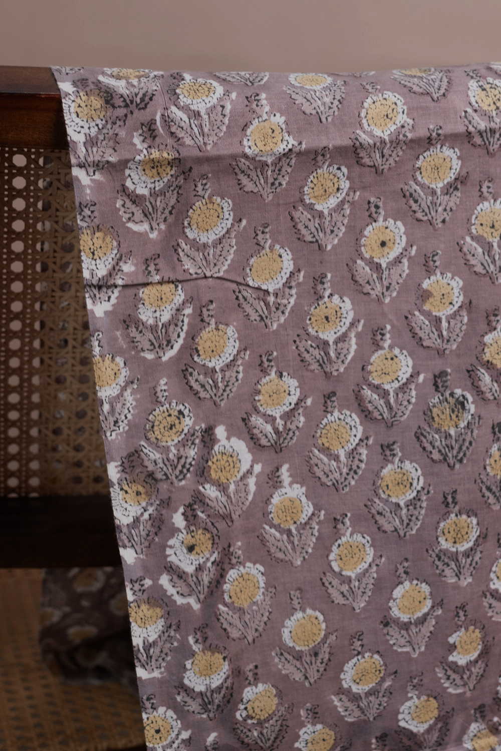 Yellow Motifs - Grey Sanganeri Cotton Fabric - 1.9m - Image 2