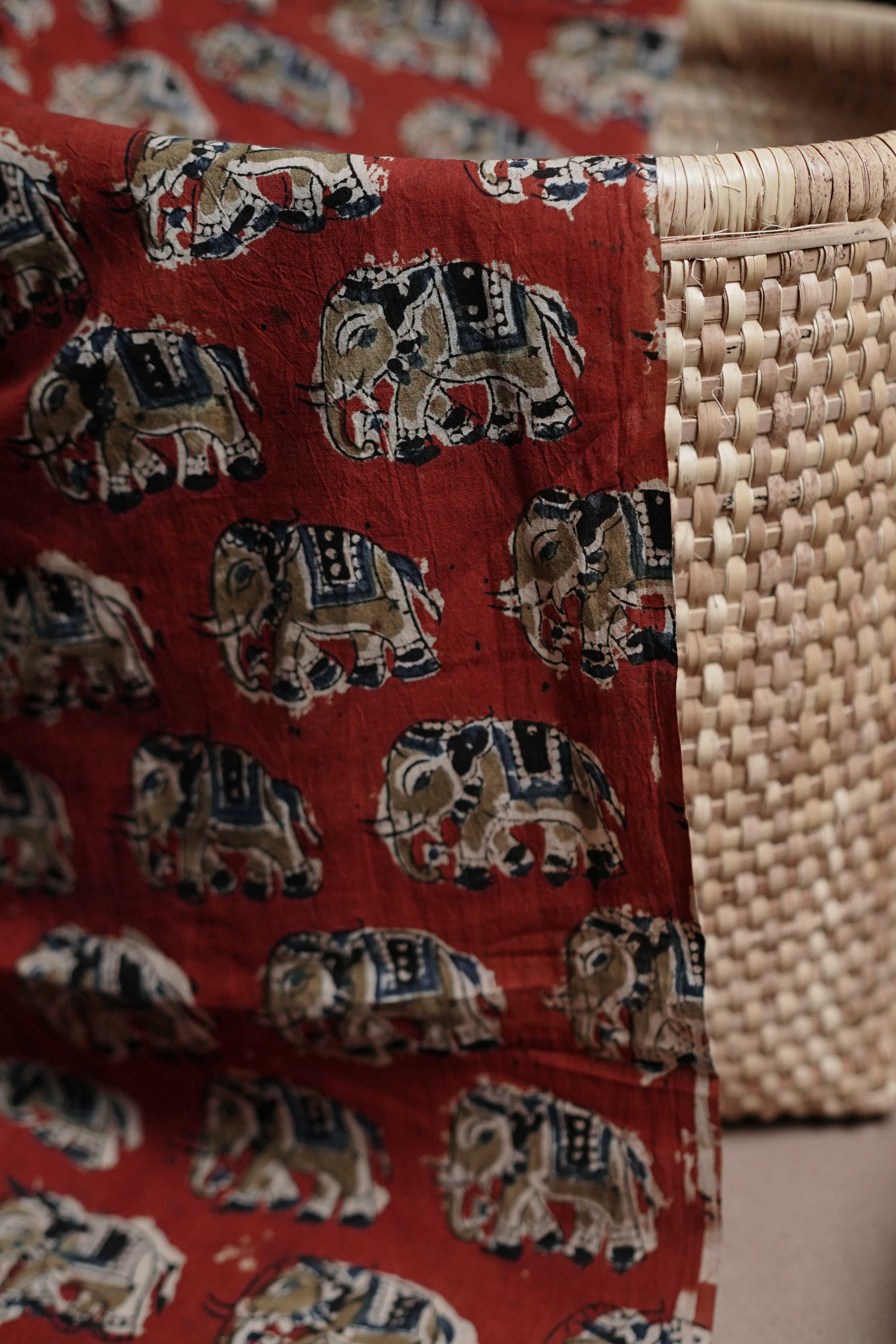 Elephant - Maroon Printed kalamkari Cotton Fabric - Image 3