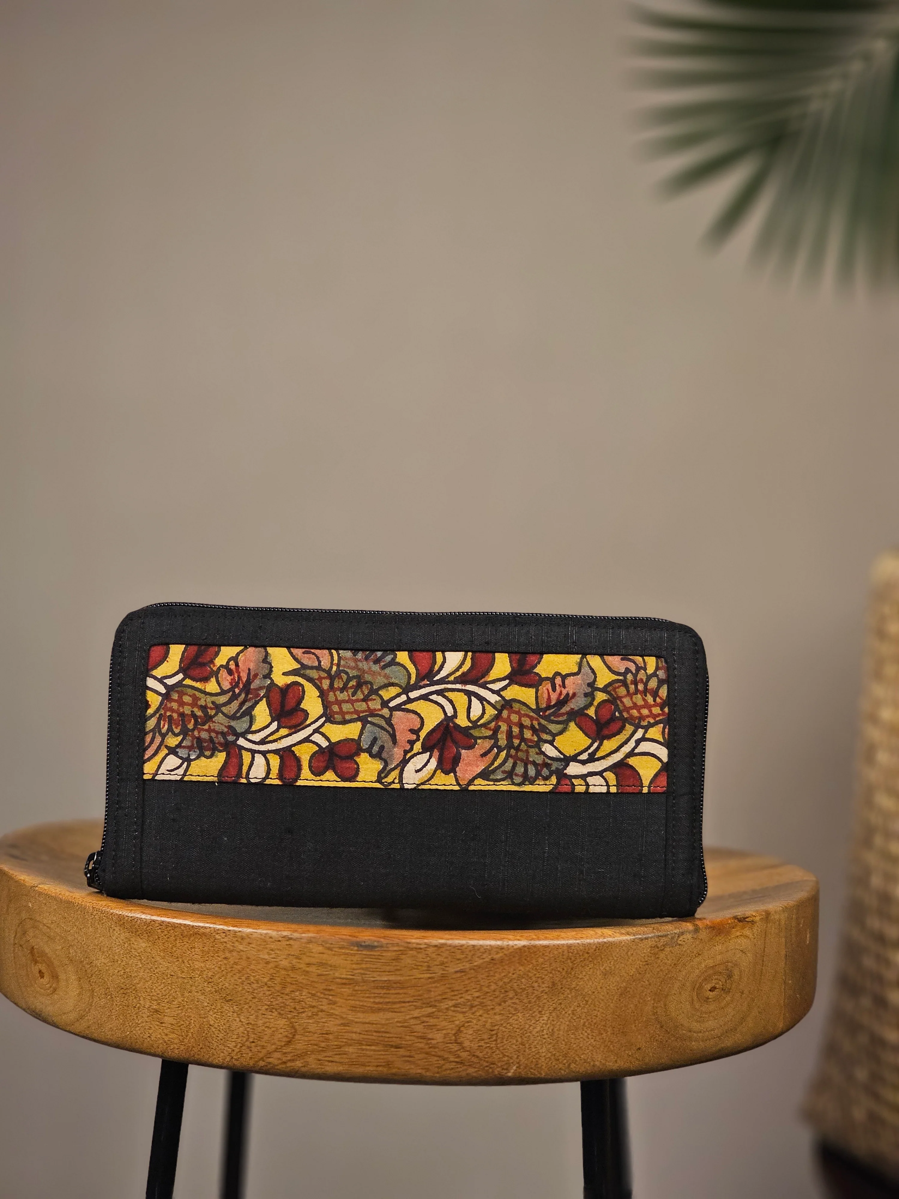 Black Painted Kalamkari Zip Purse