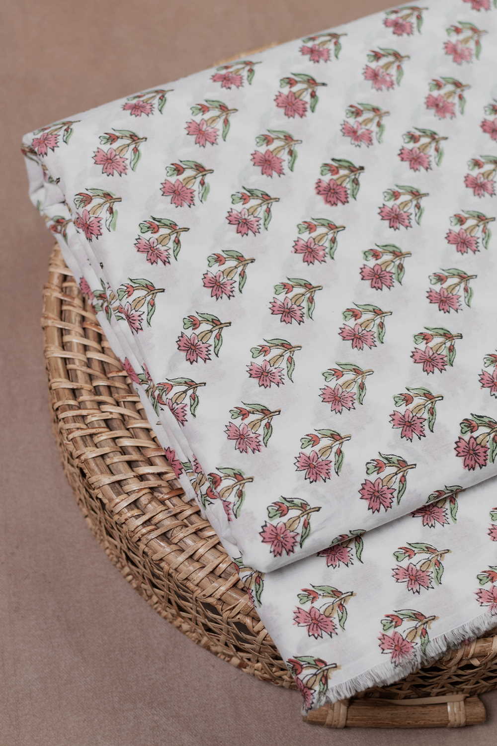 Florals On Off-White Sanganeri Cotton Fabric