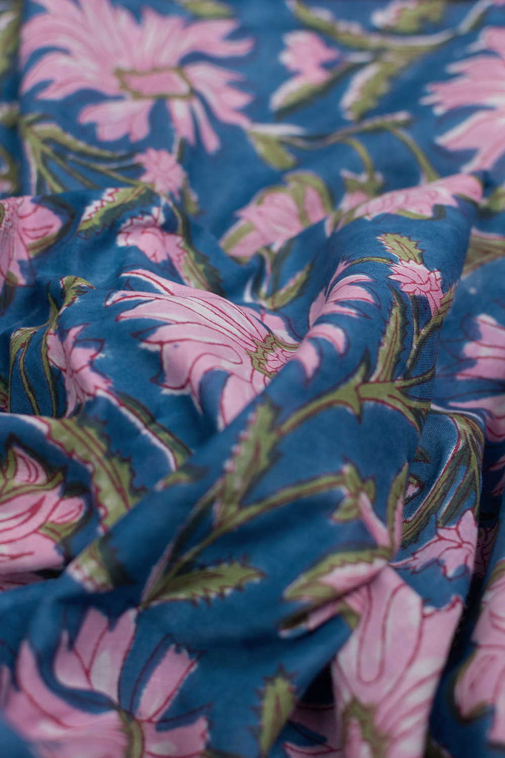 Pink Floral - Blue Sanganeri Cotton Fabric - Image 2