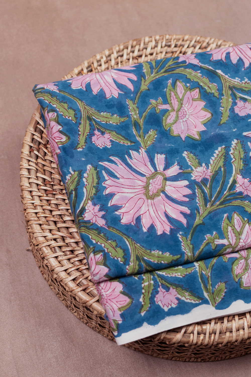 Pink Floral - Blue Sanganeri Cotton Fabric - Image 3