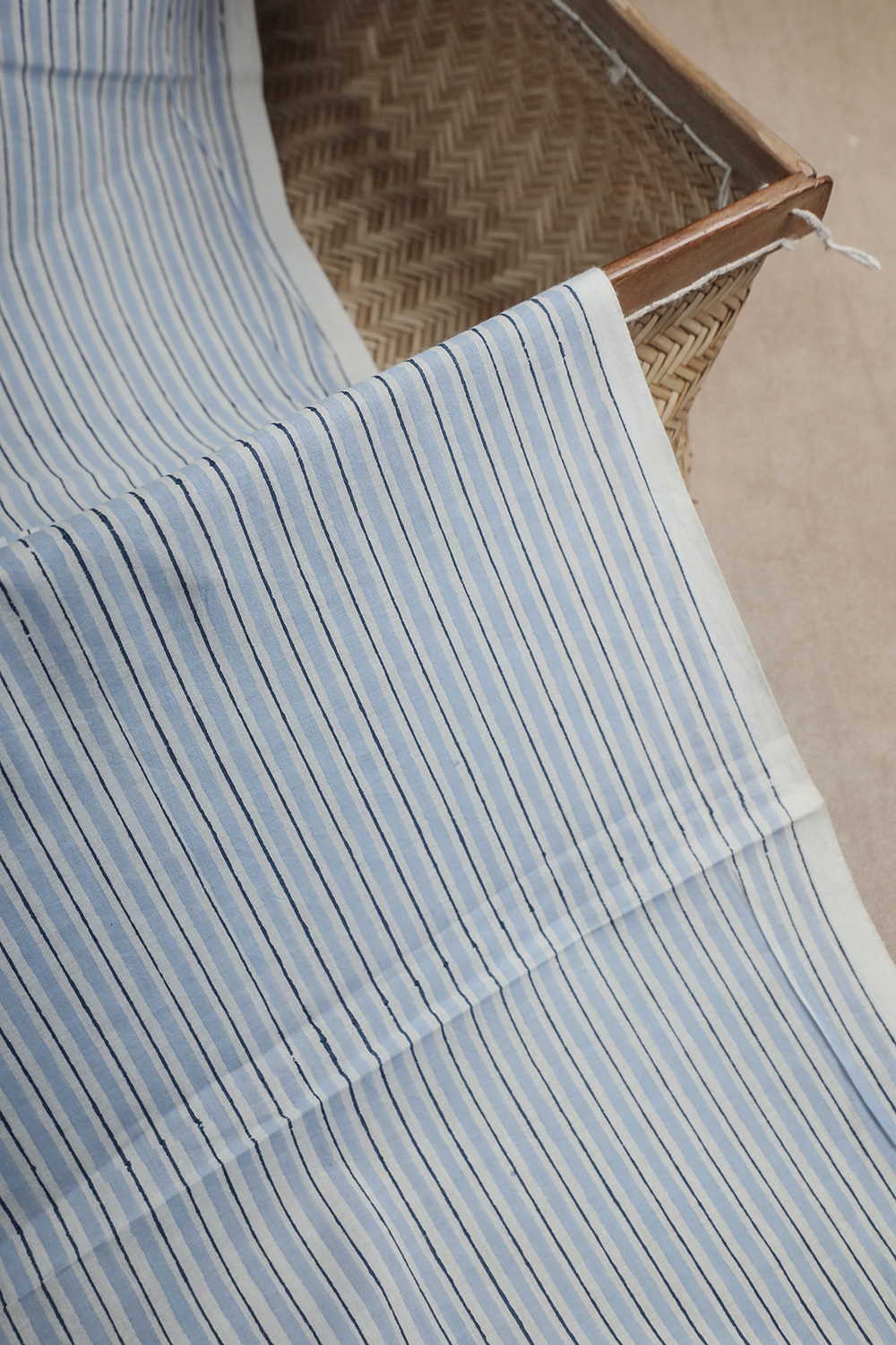 Blue Stripes on Cream Sanganeri Cotton Fabric - Image 3