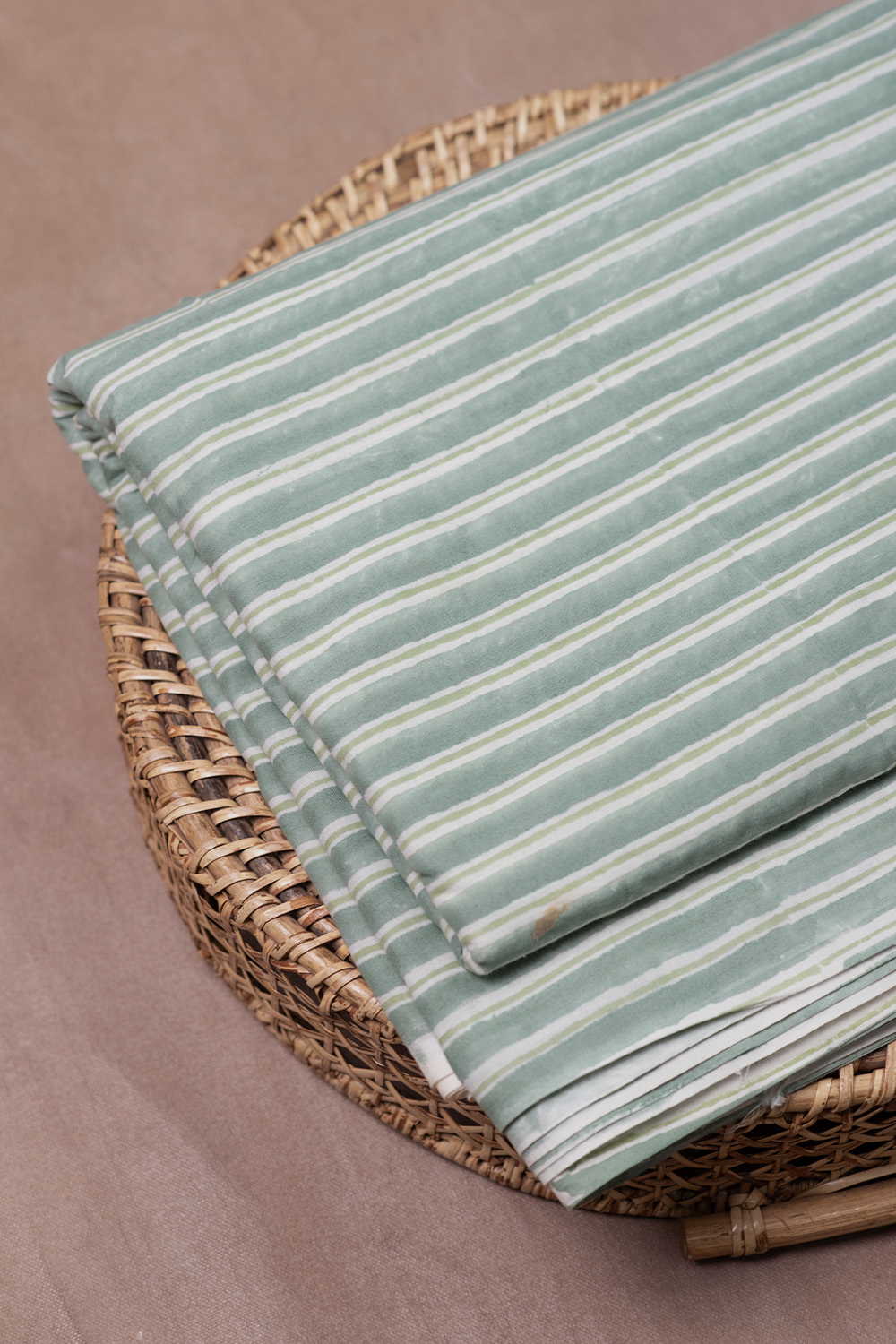 Light Green Stripe Sanganeri Cotton Fabric - Image 2