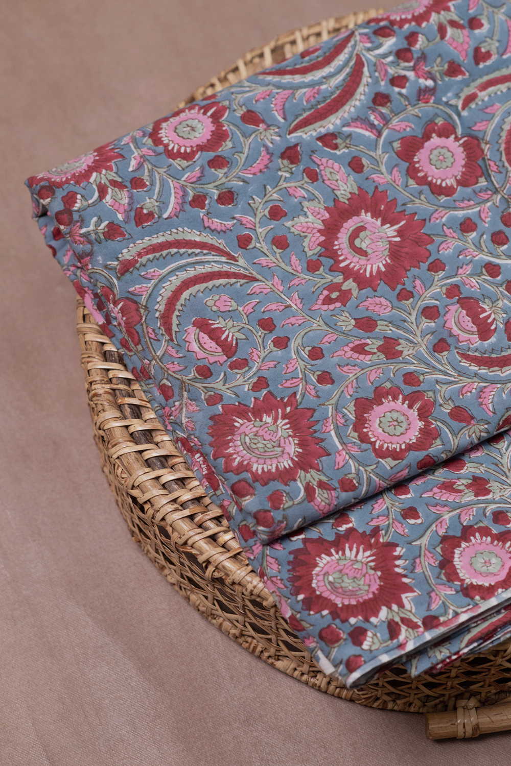 Maroon Floral on Blue Sanganeri Cotton Fabric