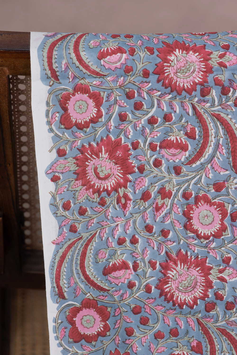 Maroon Floral on Blue Sanganeri Cotton Fabric - Image 2