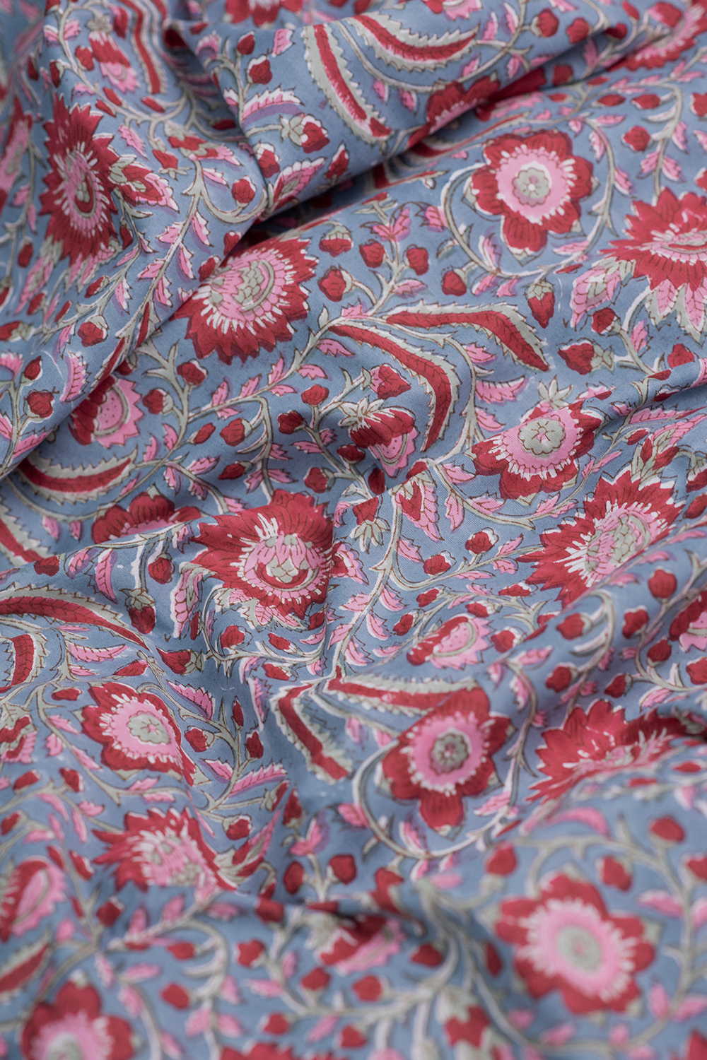 Maroon Floral on Blue Sanganeri Cotton Fabric - Image 3