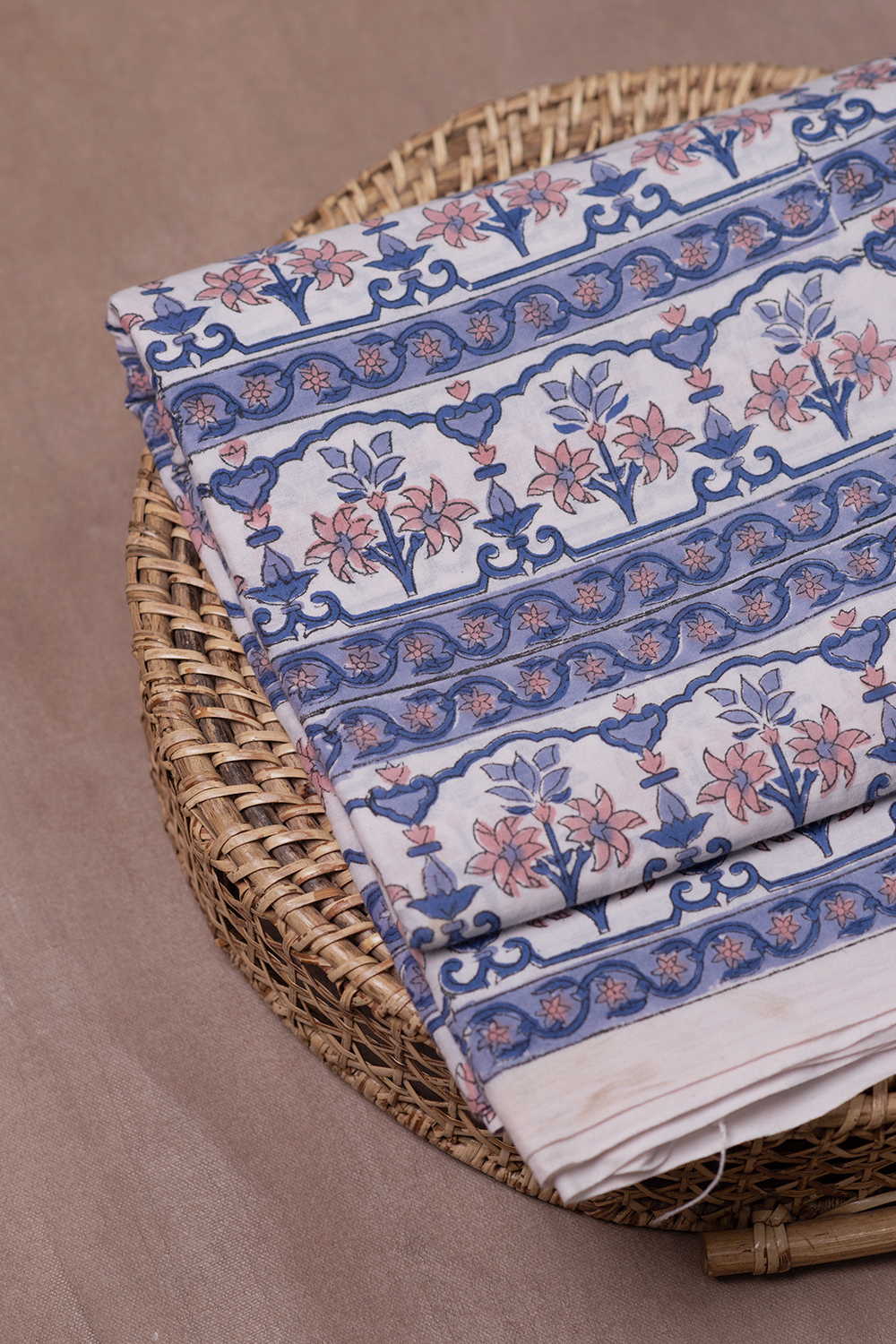 Blue Floral Border Sanganeri Cotton Fabric