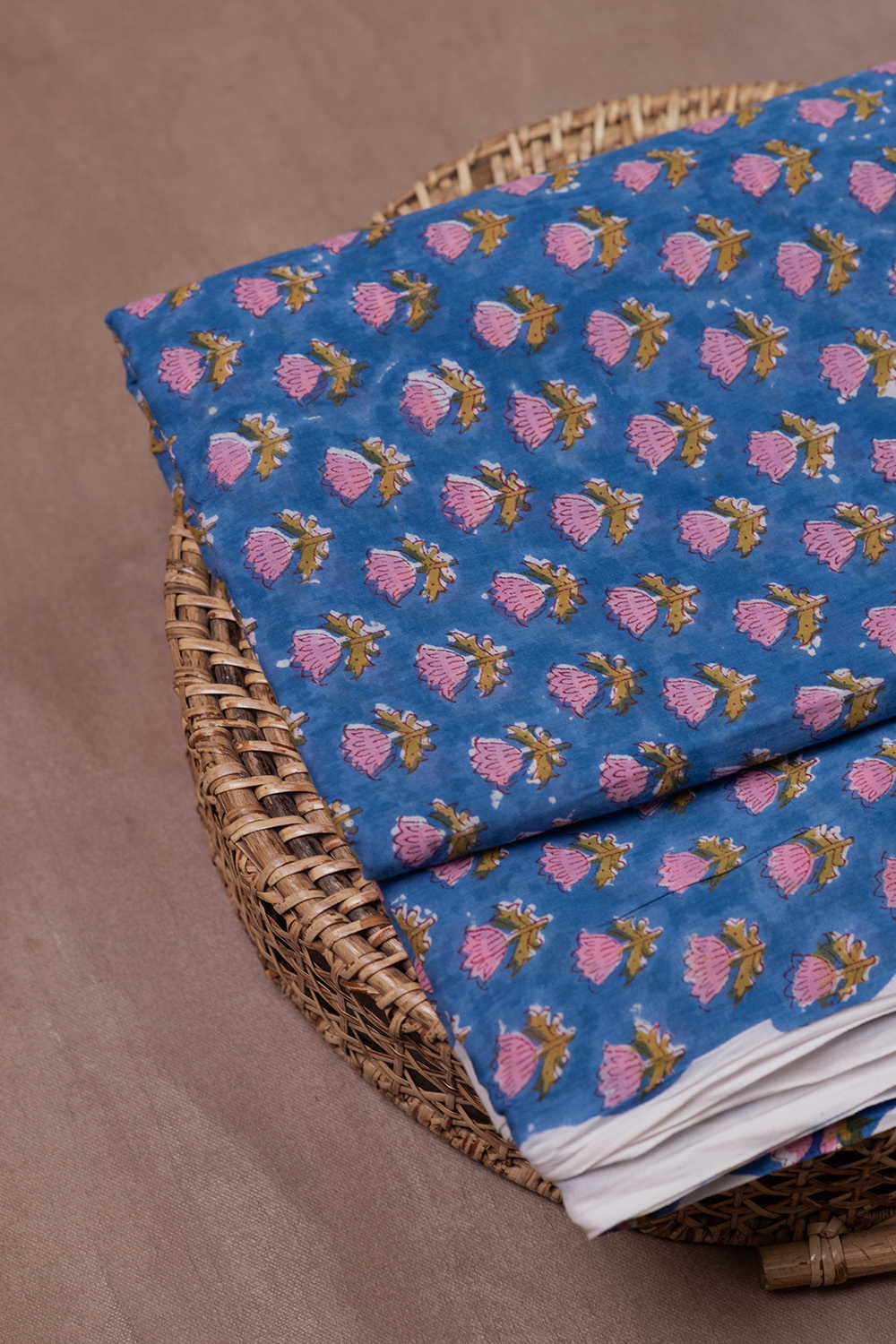 Rosy Florets on Blue Sanganeri Cotton Fabric