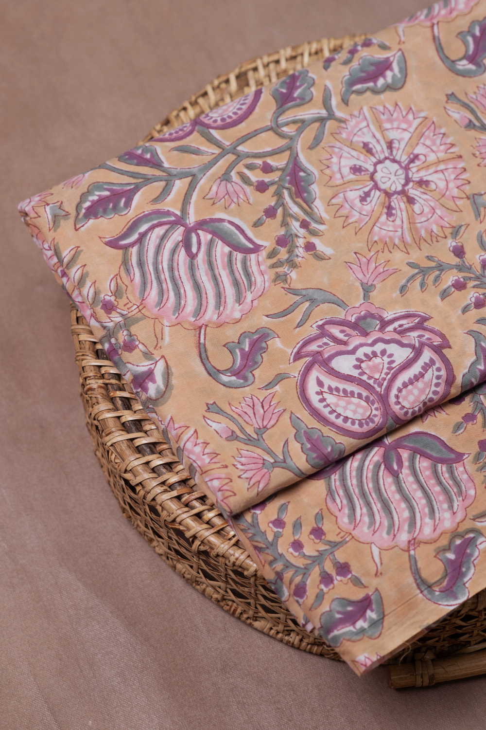 Warm Beige Blossoms Sanganeri Cotton Fabric
