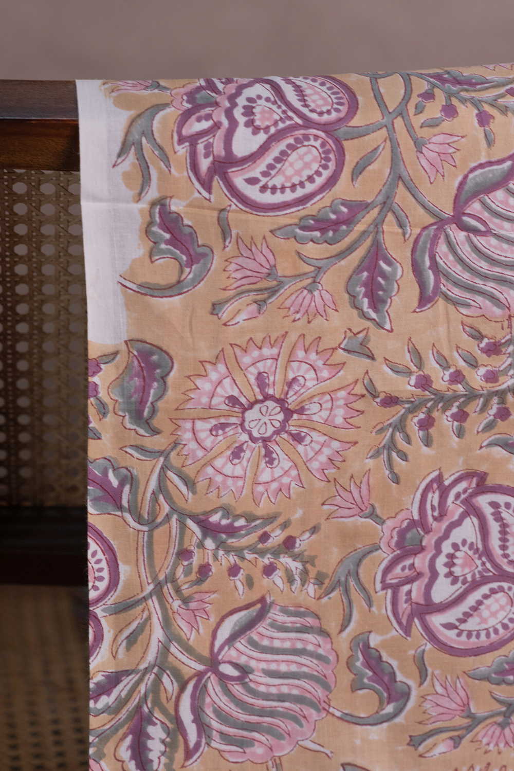 Warm Beige Blossoms Sanganeri Cotton Fabric - Image 2