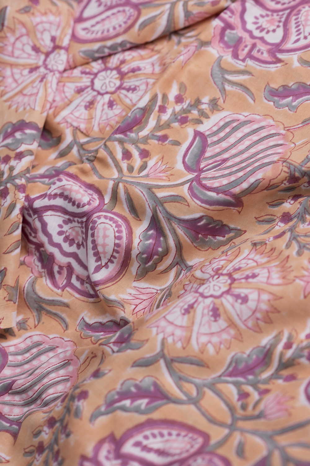 Warm Beige Blossoms Sanganeri Cotton Fabric - Image 3