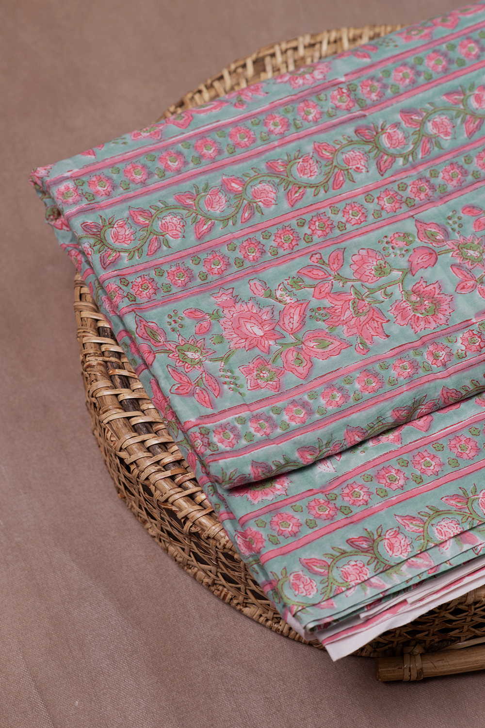Floral Border Stripes Sanganeri Cotton Fabric