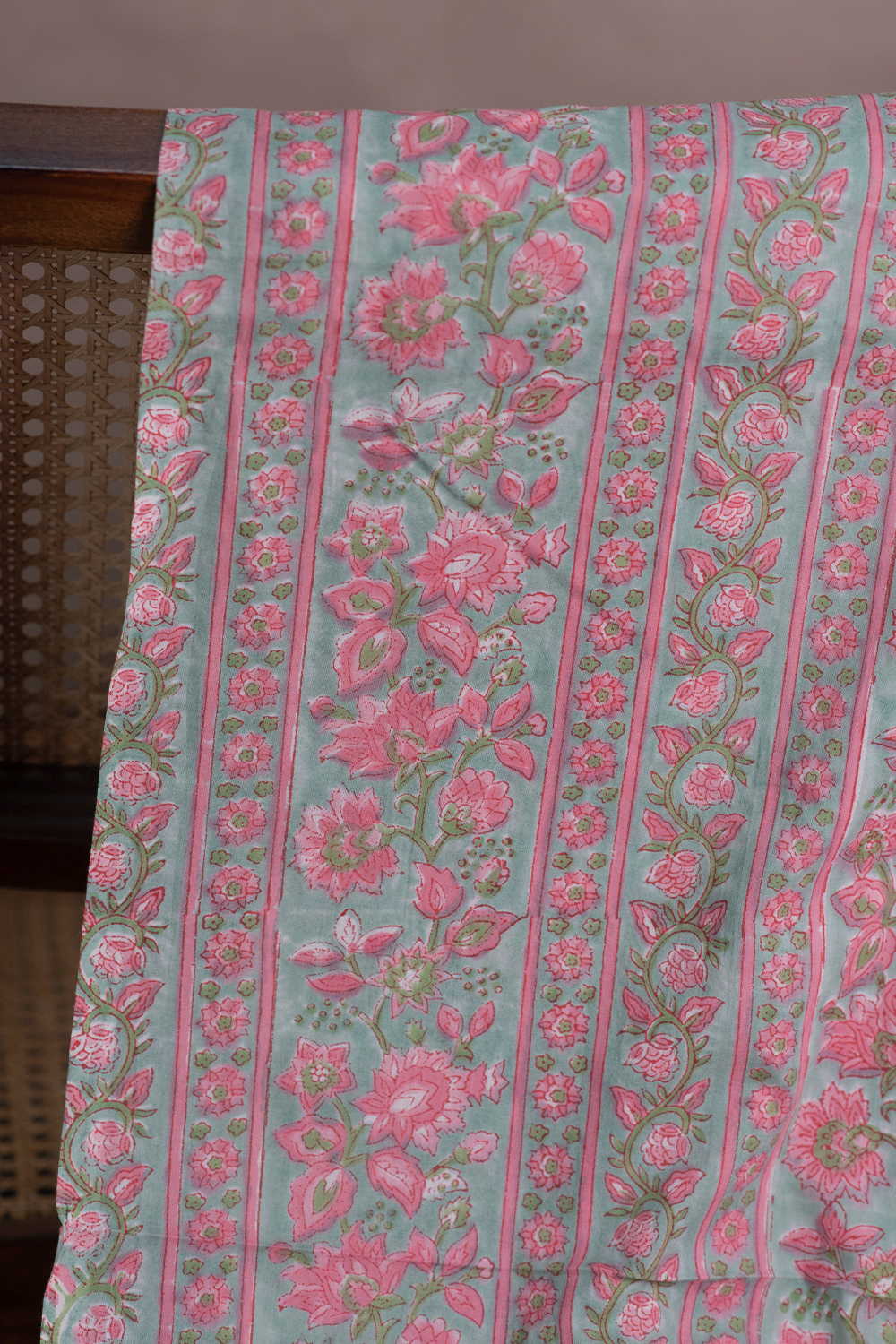 Floral Border Stripes Sanganeri Cotton Fabric - Image 2
