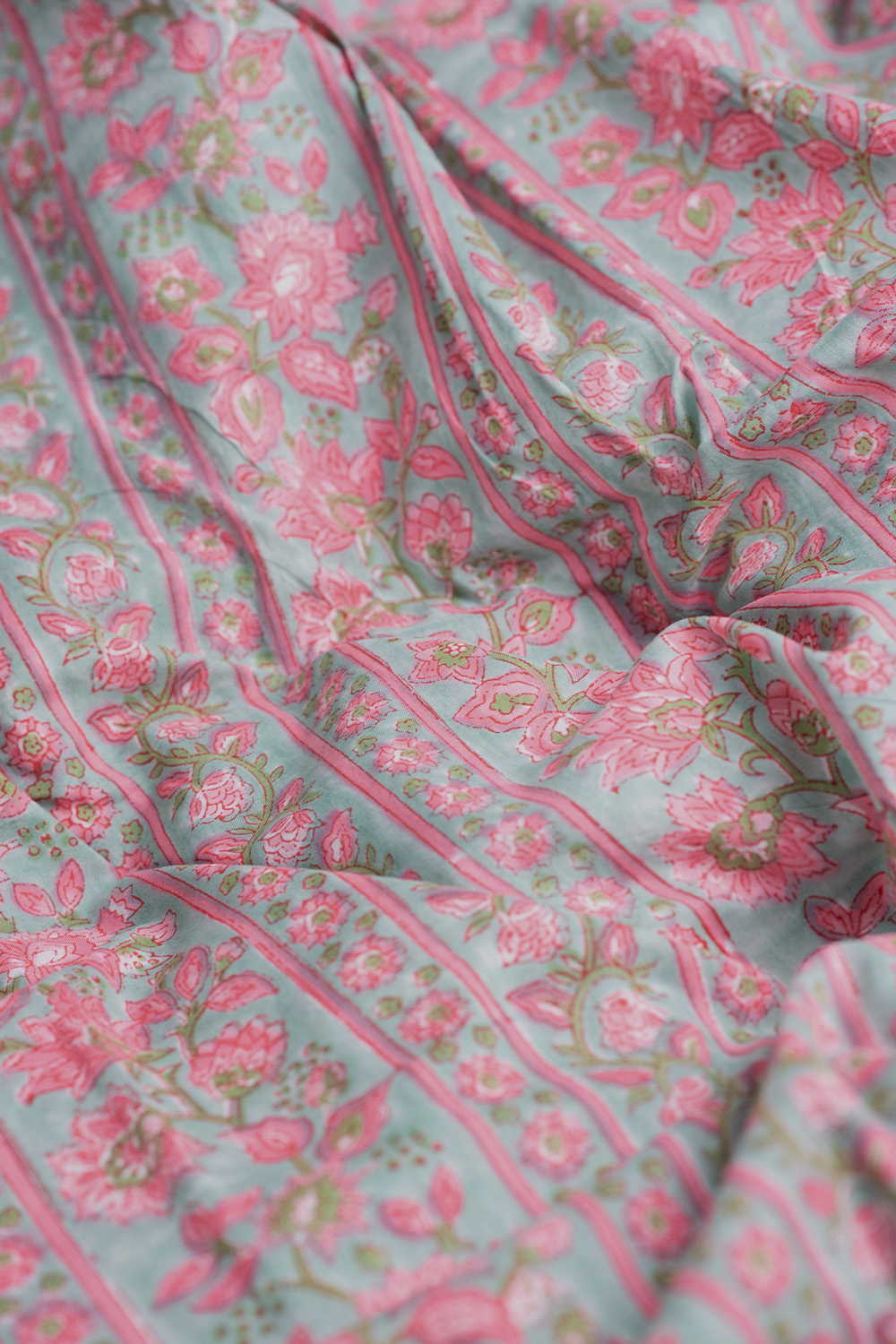 Floral Border Stripes Sanganeri Cotton Fabric - Image 3