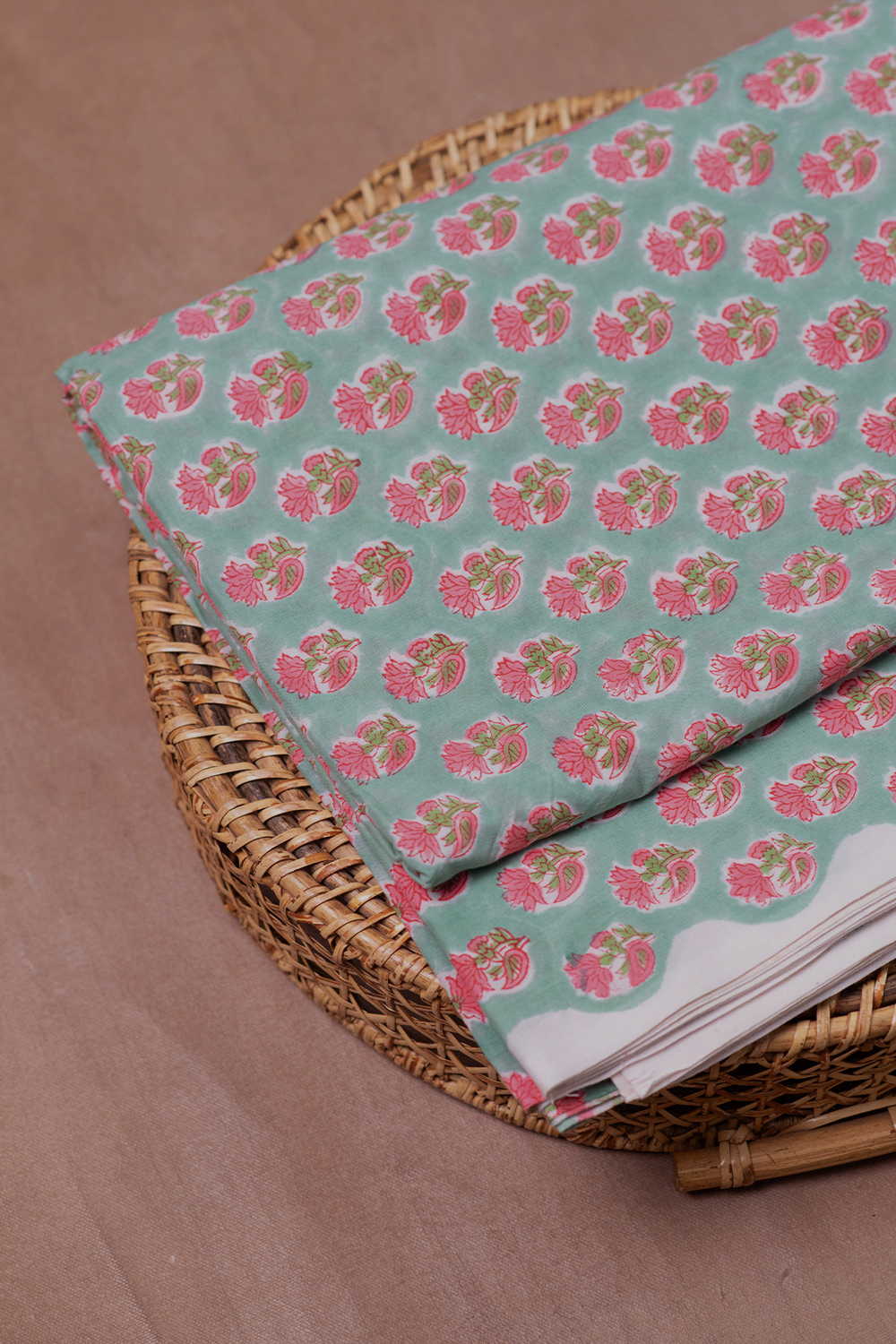 Rose Buttas on Green Sanganeri Cotton Fabric