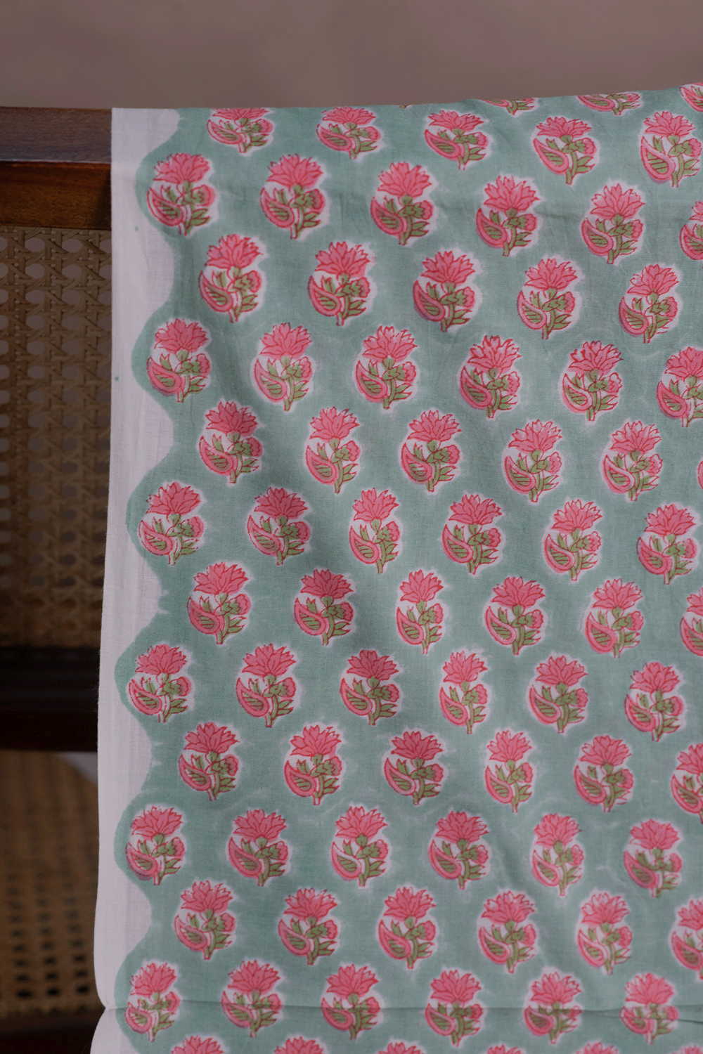 Rose Buttas on Green Sanganeri Cotton Fabric - Image 2