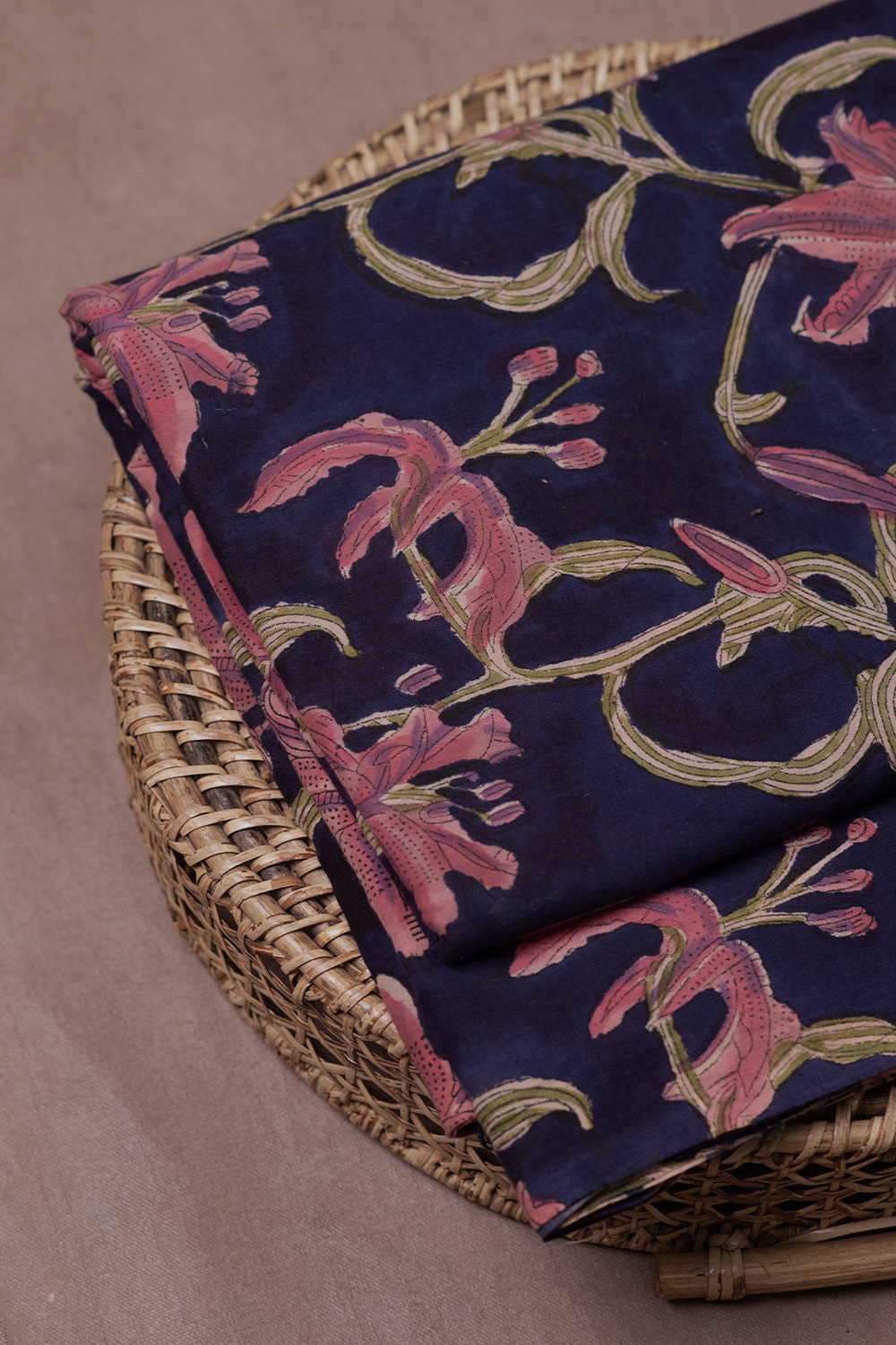 Pink Floral Design - Blue Sanganeri Fabric