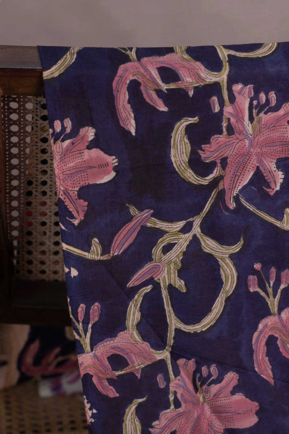 Pink Floral Design - Blue Sanganeri Fabric - Image 2
